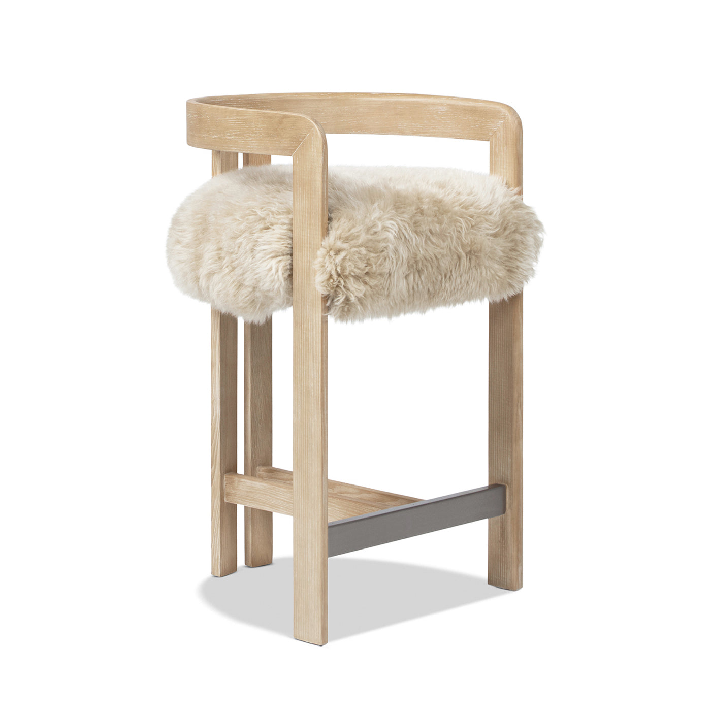 Low Back Genuine Fur Counter Stool | Solid Ash Wood Frame, New Zealand Sheepskin – 26.5" Seat Height, Rustic Blonde Finish