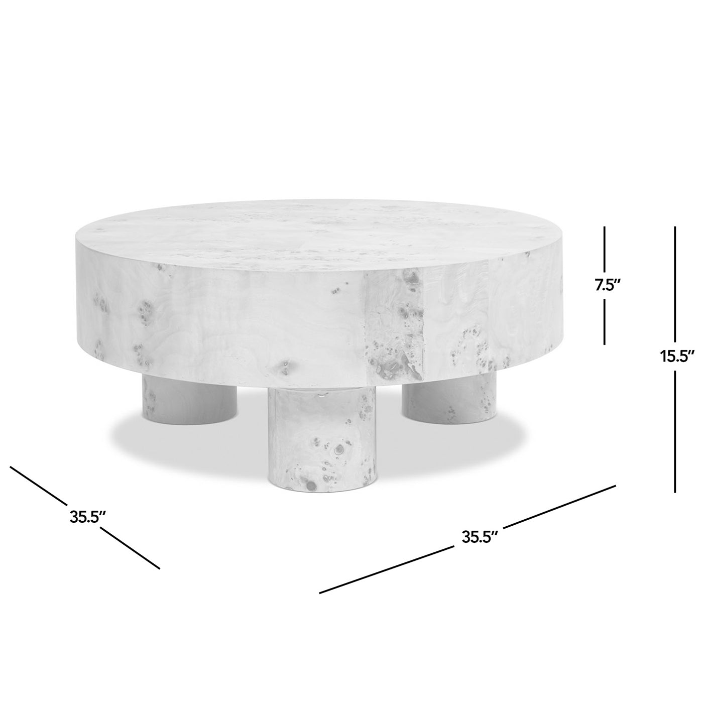 Round Pillar Leg Coffee Table | Burl Wood Veneer, 35.5" Round Top – Three Sturdy Legs, Natural Wood Character