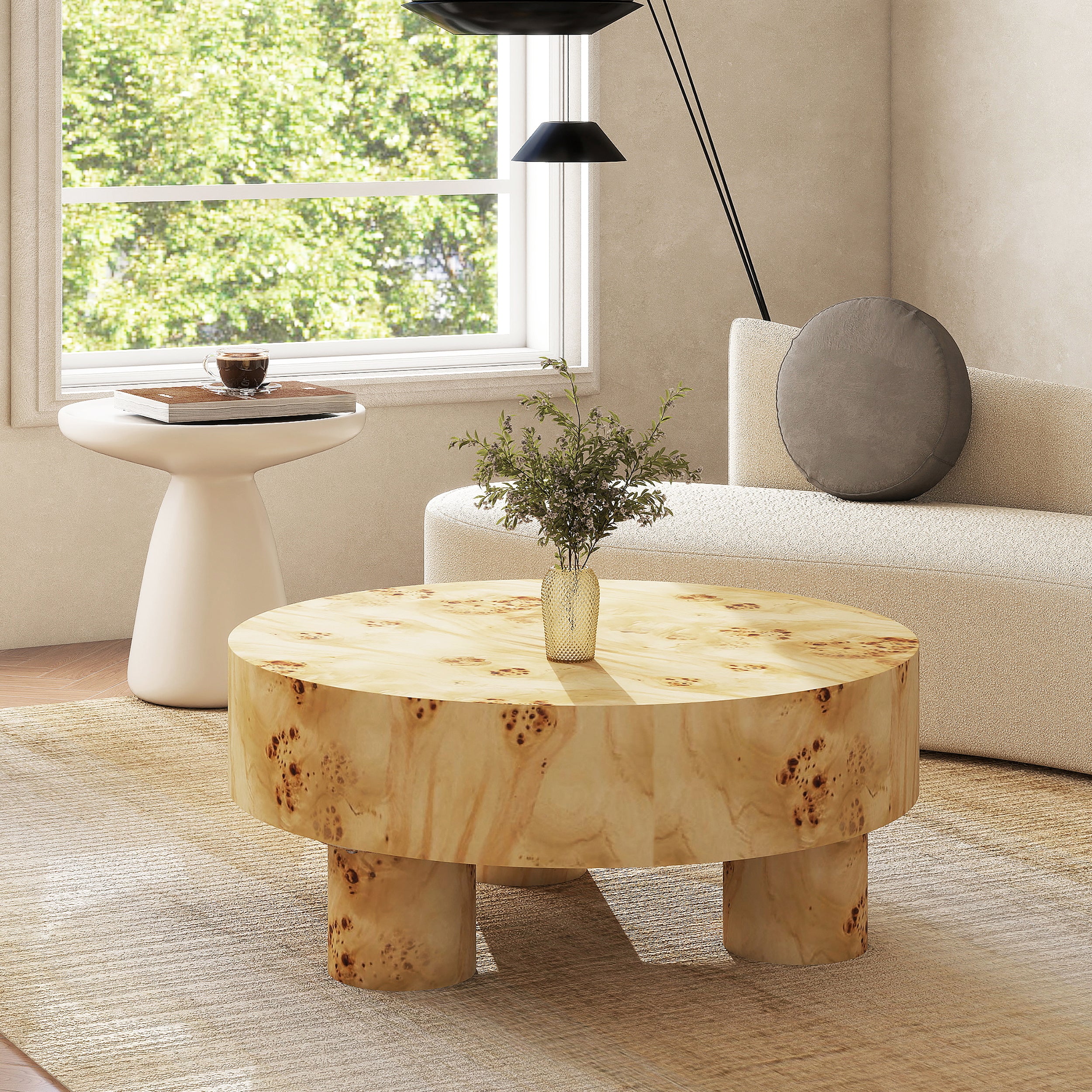 Round Pillar Leg Coffee Table | Burl Wood Veneer, 35.5" Round Top – Three Sturdy Legs, Natural Wood Character