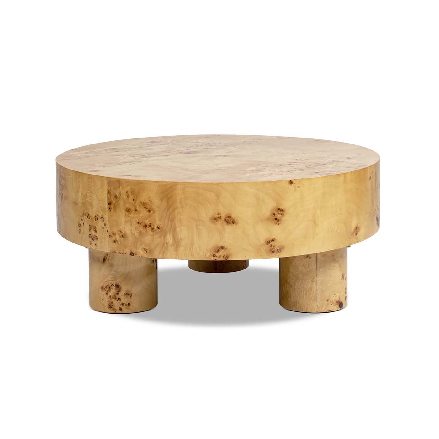 Round Pillar Leg Coffee Table | Burl Wood Veneer, 35.5" Round Top – Three Sturdy Legs, Natural Wood Character