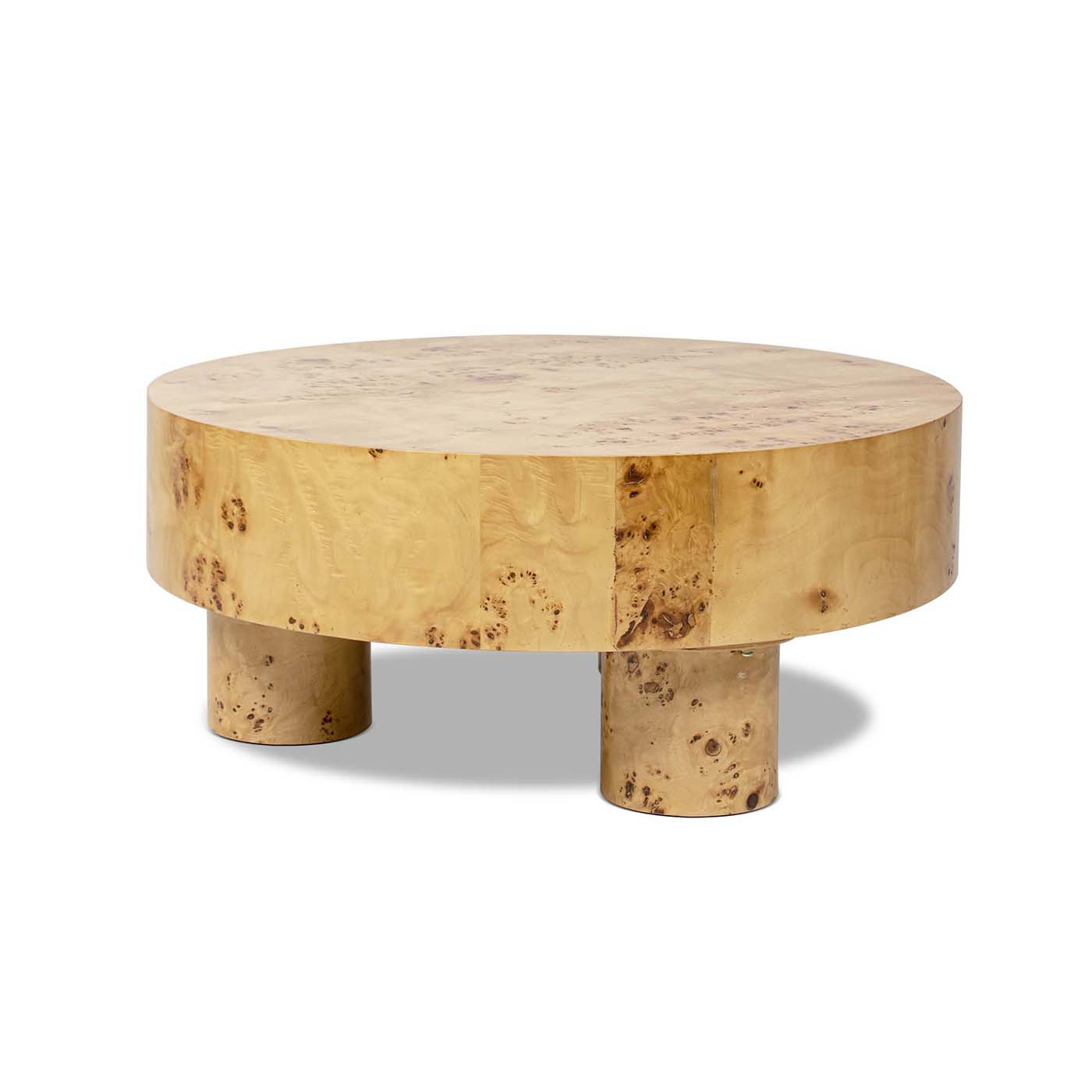 Round Pillar Leg Coffee Table | Burl Wood Veneer, 35.5" Round Top – Three Sturdy Legs, Natural Wood Character