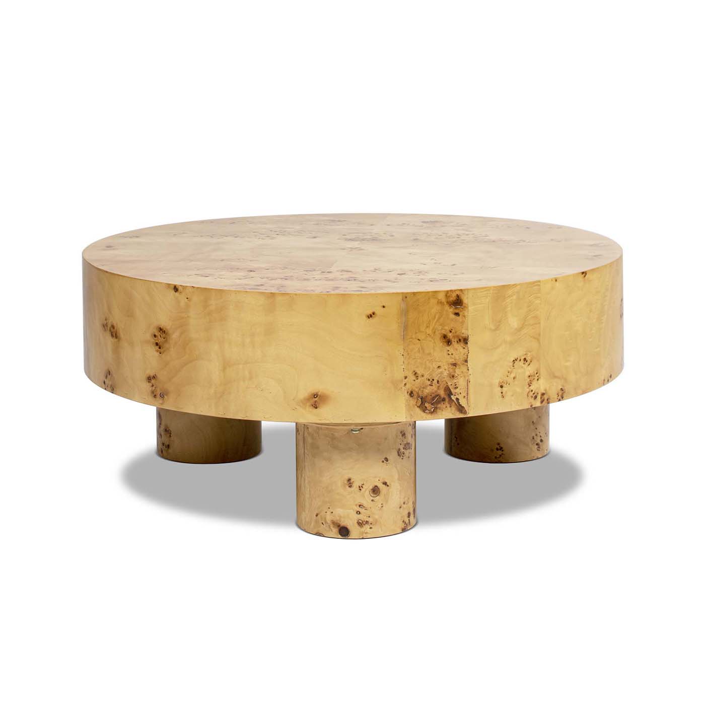 Round Pillar Leg Coffee Table | Burl Wood Veneer, 35.5" Round Top – Three Sturdy Legs, Natural Wood Character