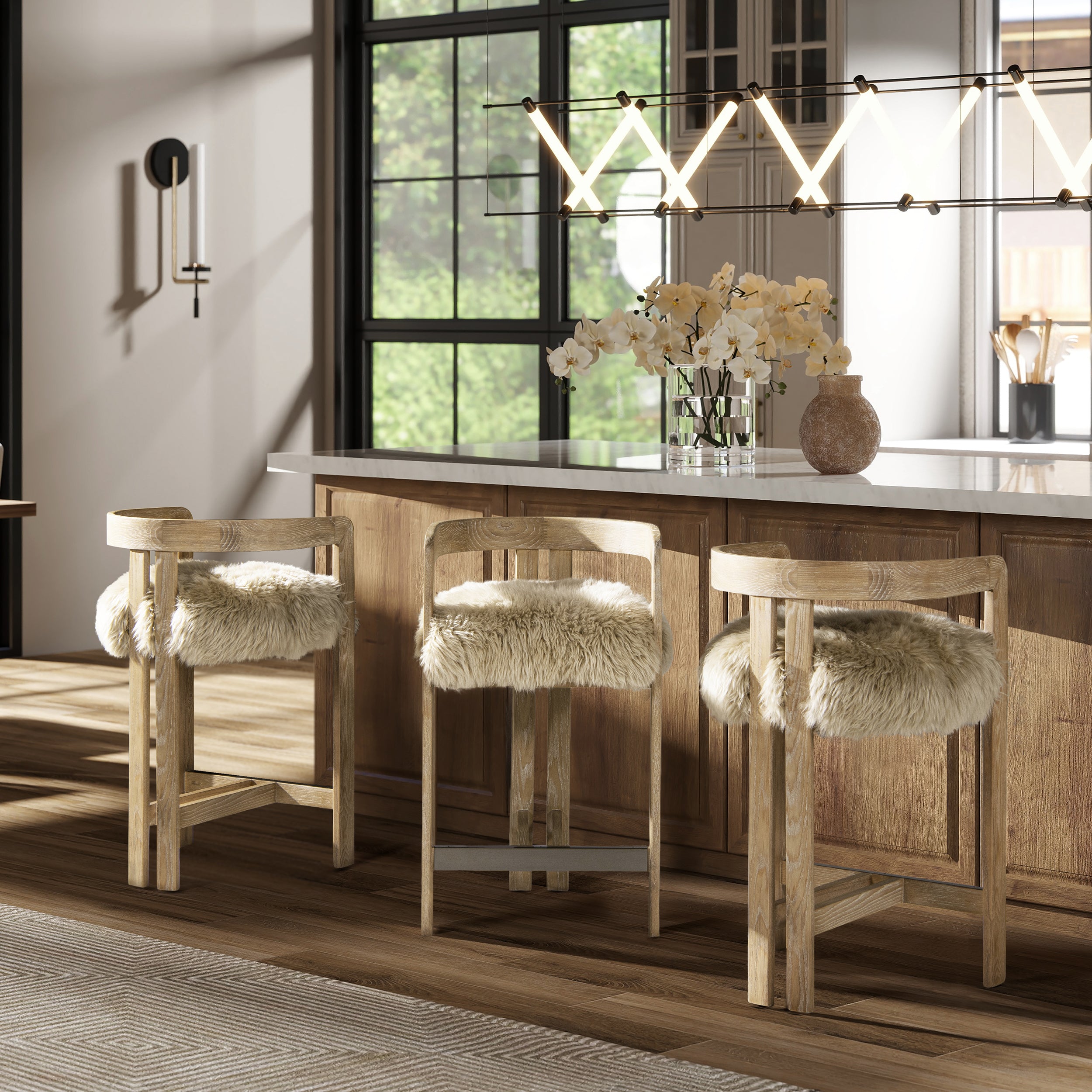 Low Back Genuine Fur Counter Stool | Solid Ash Wood Frame, New Zealand Sheepskin – 26.5" Seat Height, Rustic Blonde Finish