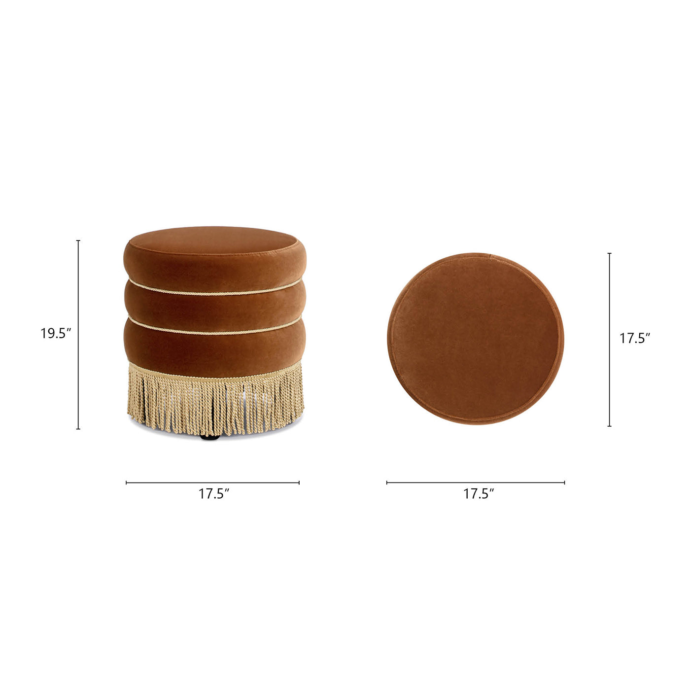 Round Upholstered Ottoman with Bullion Fringe Burnt