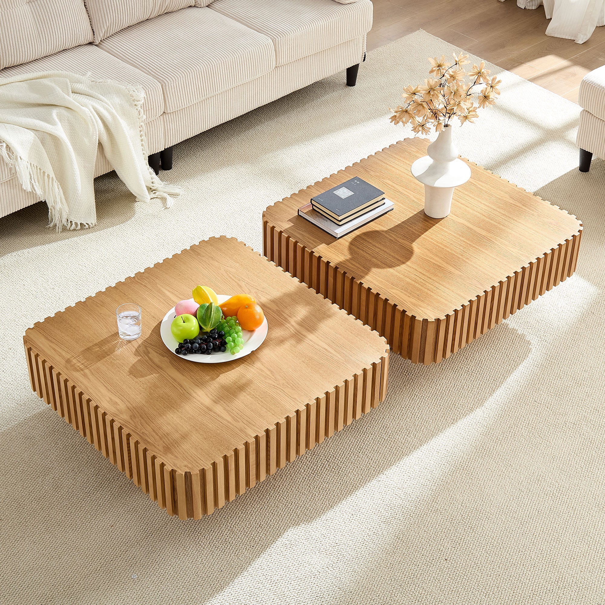 Modern Handcraft Drum Coffee Table | 35.43" Square Coffee Table – Wood Veneer, Pedestal Base, Solid Wood Relief Edge for Living Room