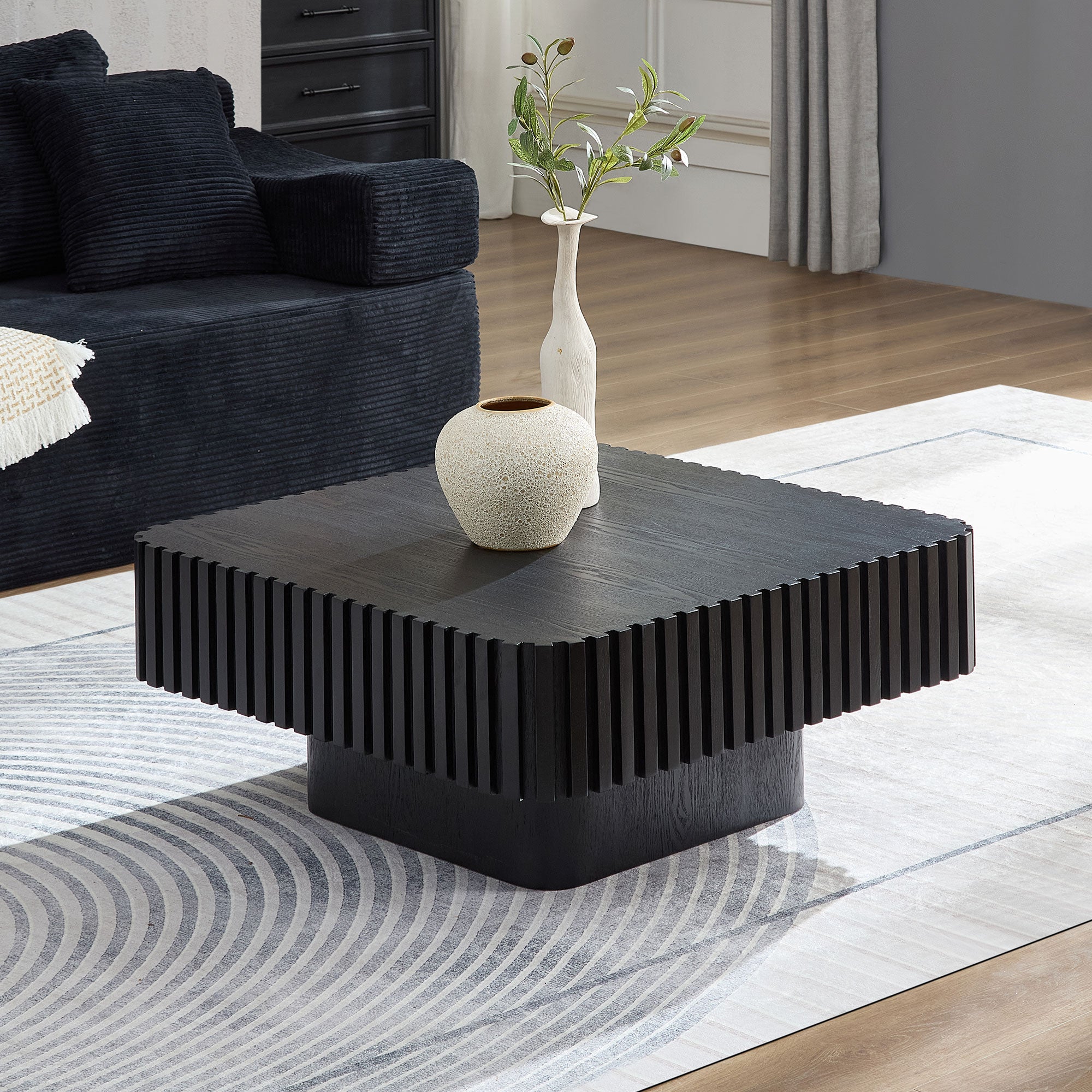 Modern Handcraft Drum Coffee Table | 35.43" Square Coffee Table – Wood Veneer, Pedestal Base, Solid Wood Relief Edge for Living Room