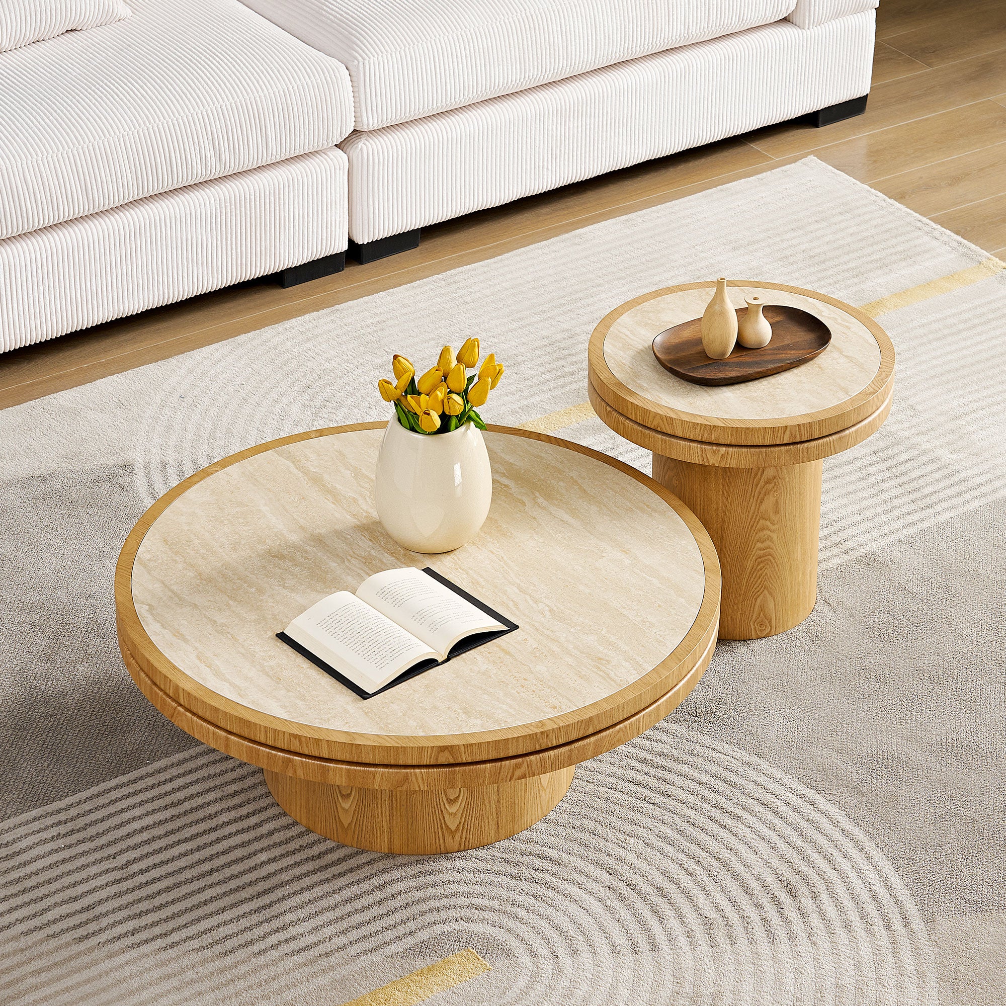 Sintered Stone Round Coffee Table Set of 2 | MDF Base – Natural/Walnut Finish – Modern Living Room Nesting Tables