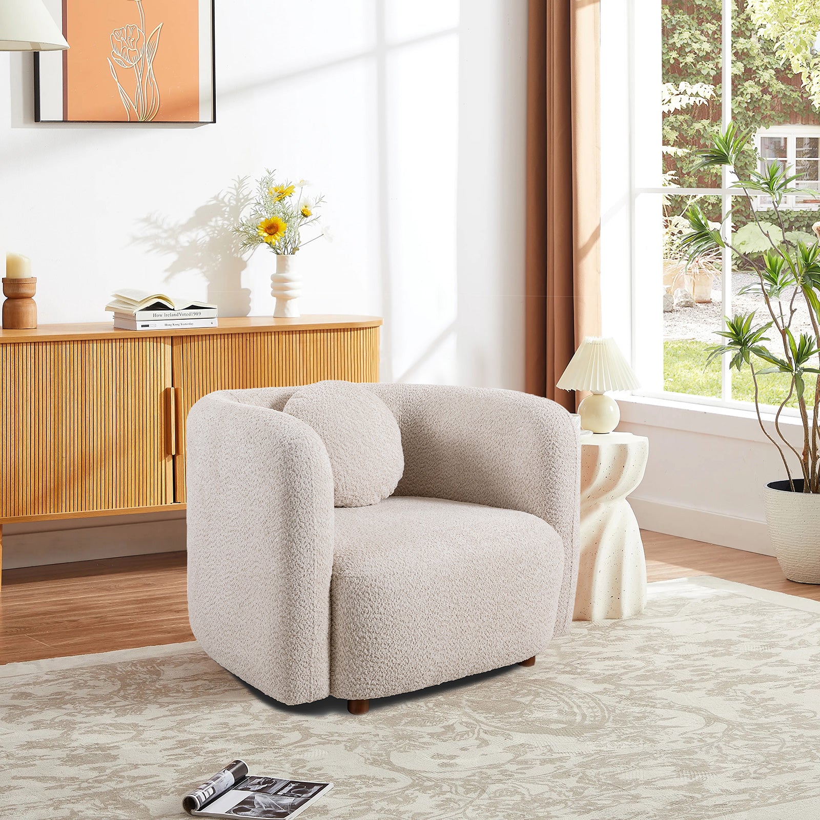 Living Room Armchair: Boucle Upholstered Single Cloud Couch in Japandi Style