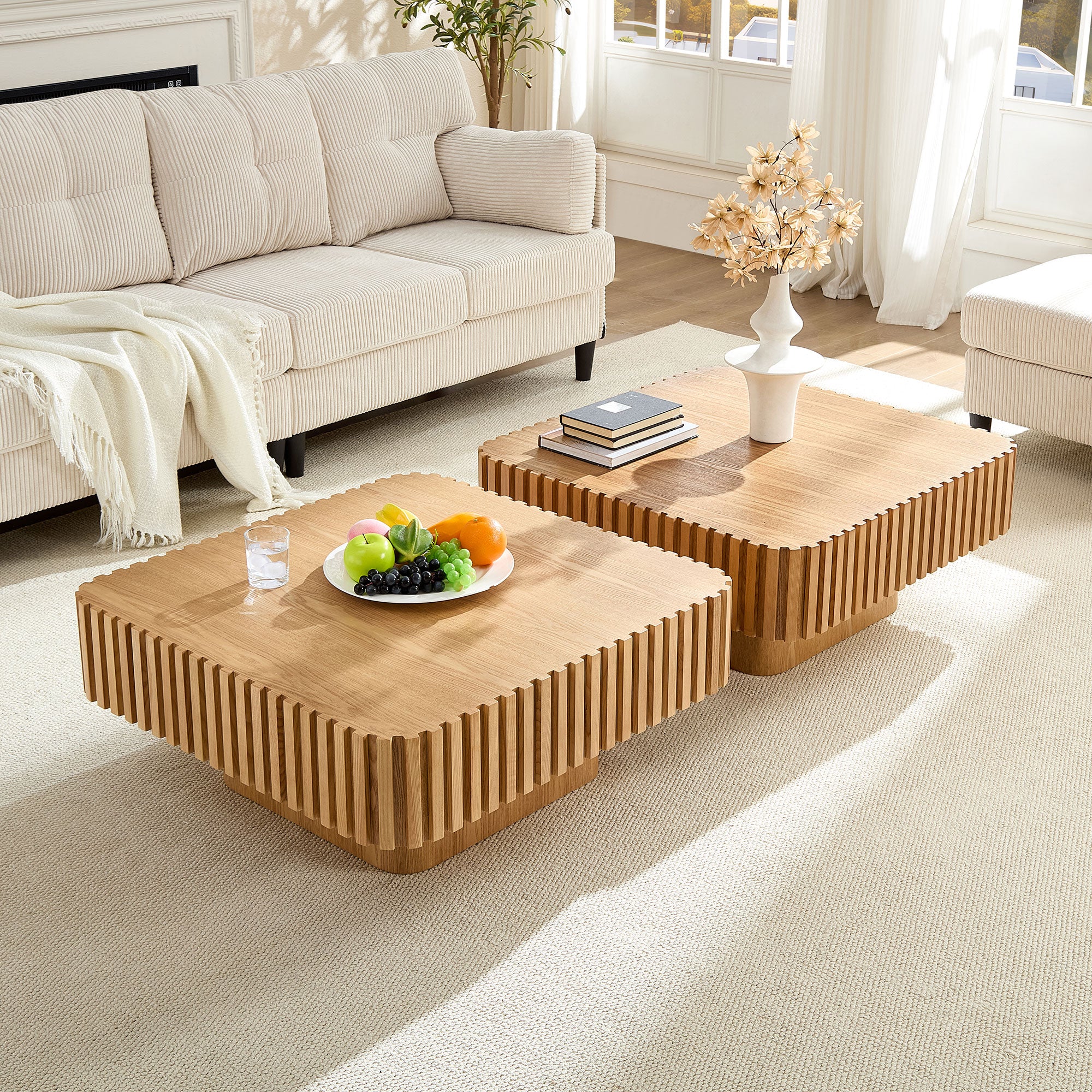 Modern Handcraft Drum Coffee Table | 35.43" Square Coffee Table – Wood Veneer, Pedestal Base, Solid Wood Relief Edge for Living Room