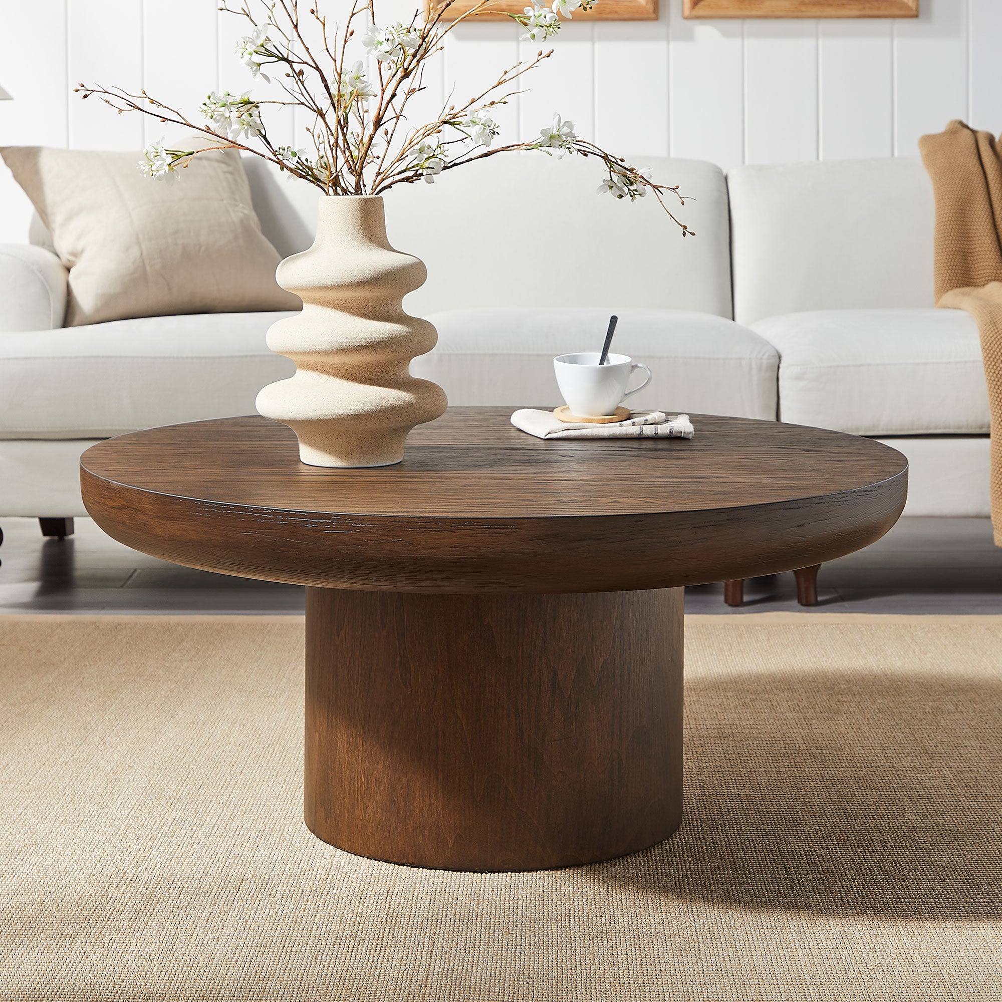 35.98 - inch Round Coffee Table: Cylindrical Leg, Wood Veneer for Living & Office