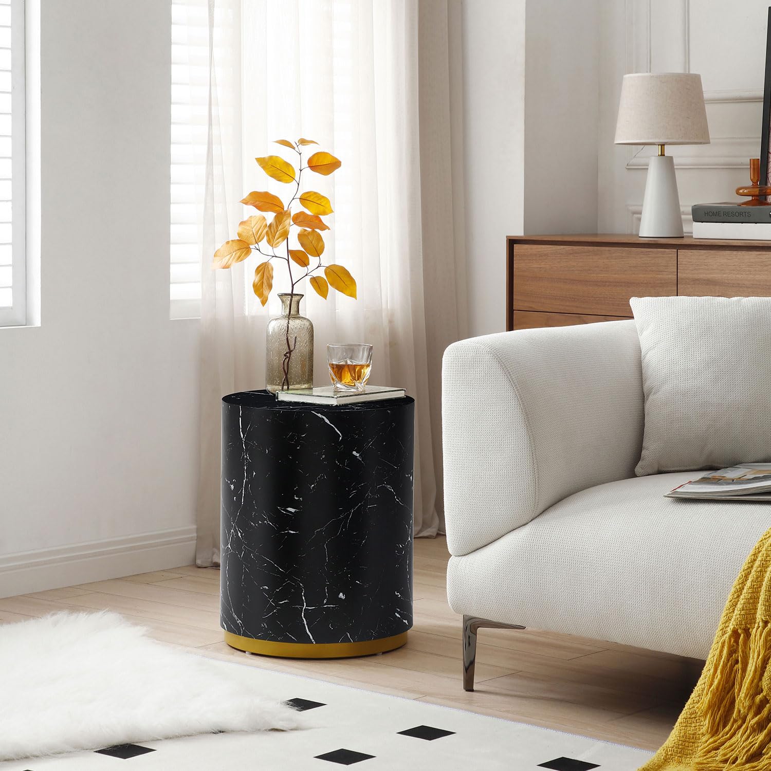 Wood End Table with Gold Rim Bottom & Marble Texture