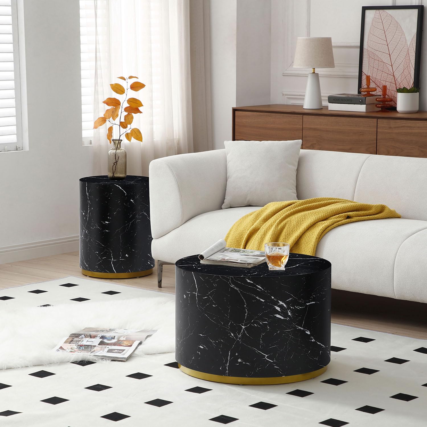Wood End Table with Gold Rim Bottom & Marble Texture