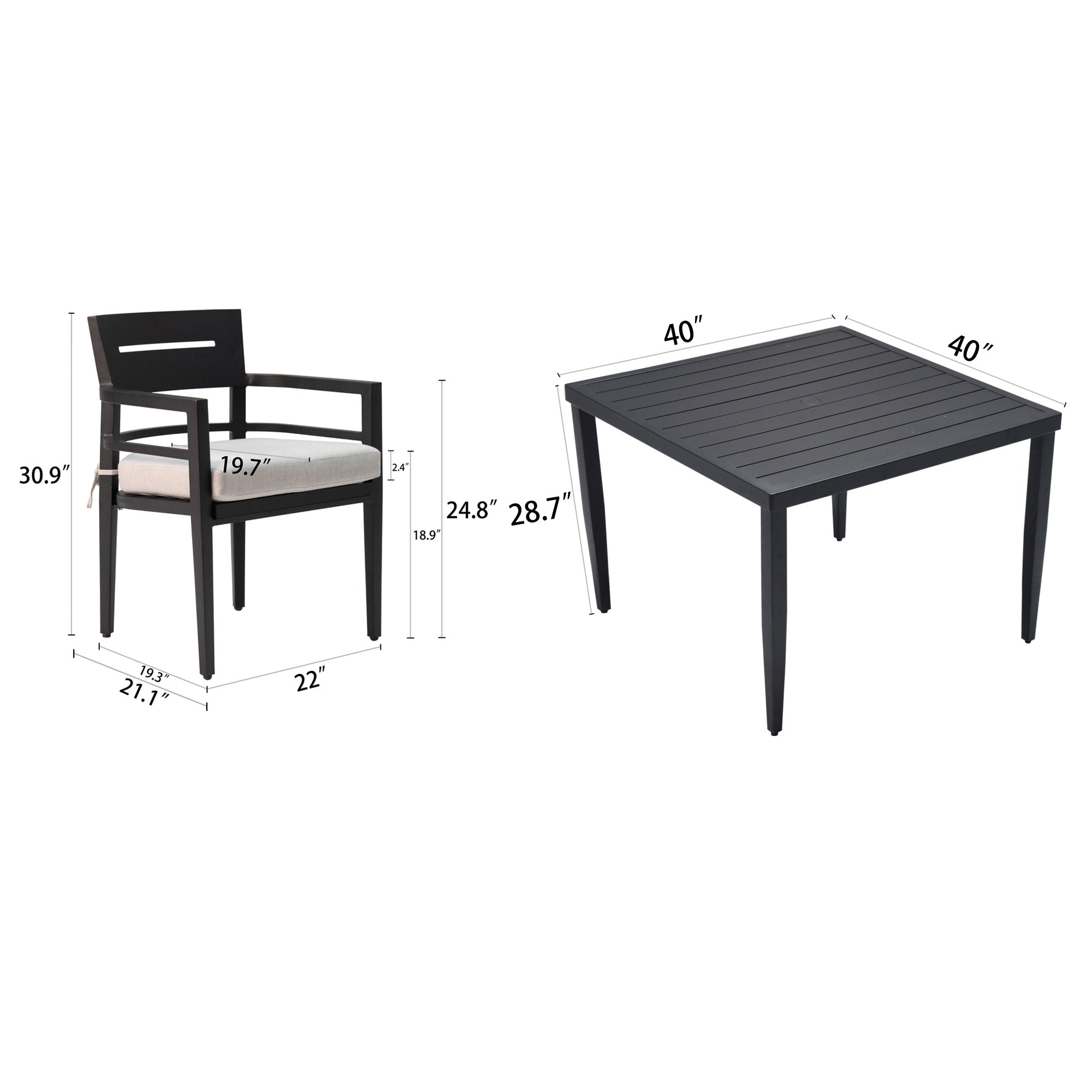 Outdoor Patio Aluminum Dining Set | 5-Piece – 40" Square Table w/ Umbrella Hole + 4 Chairs, Sunbrella Cushions, Modern Tapered Legs