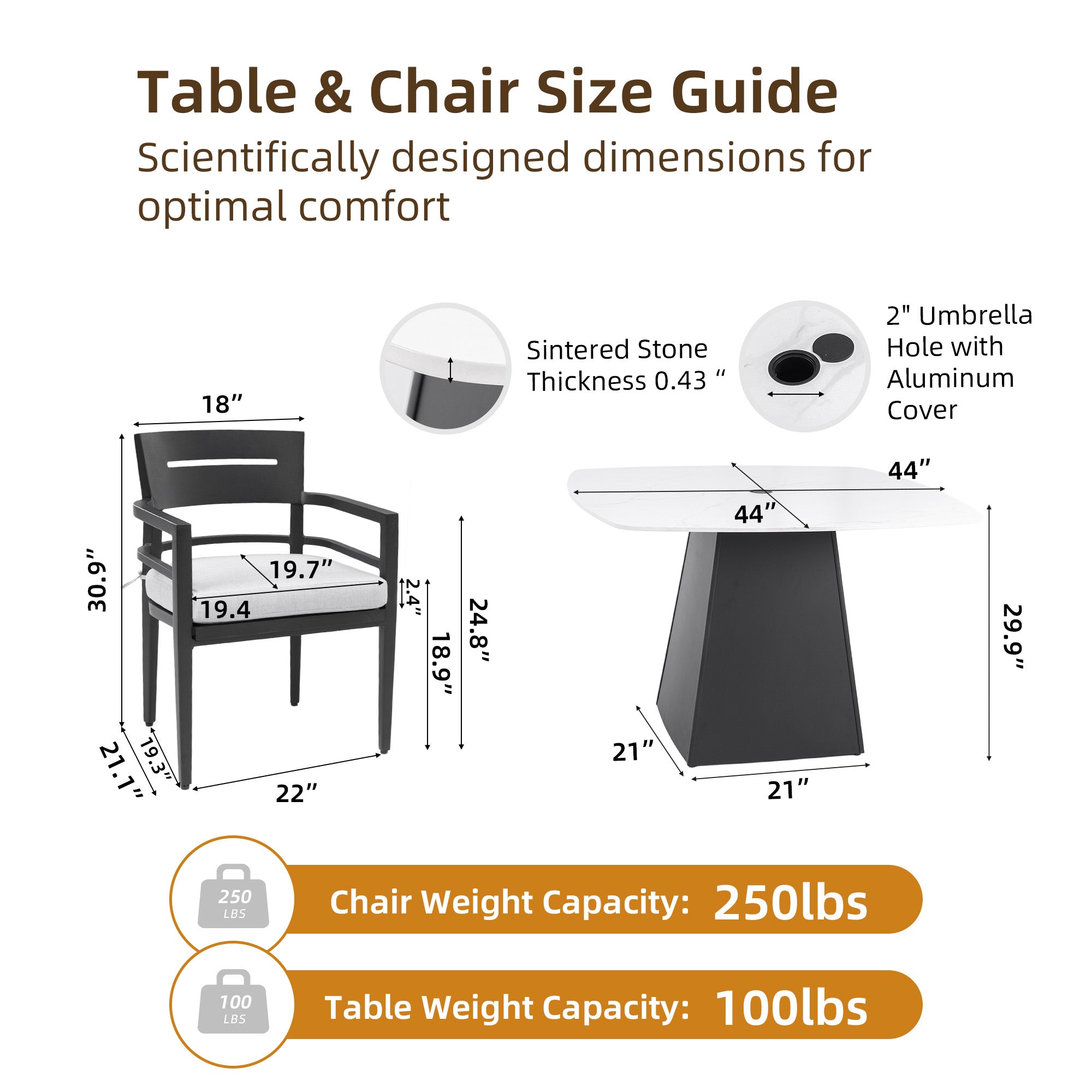 Outdoor Pedestal Dining Set | 44" Rounded Square Sintered Stone Table + 4 Armchairs – Sunbrella Cushions, Rust-Free Aluminum, Weather-Resistant