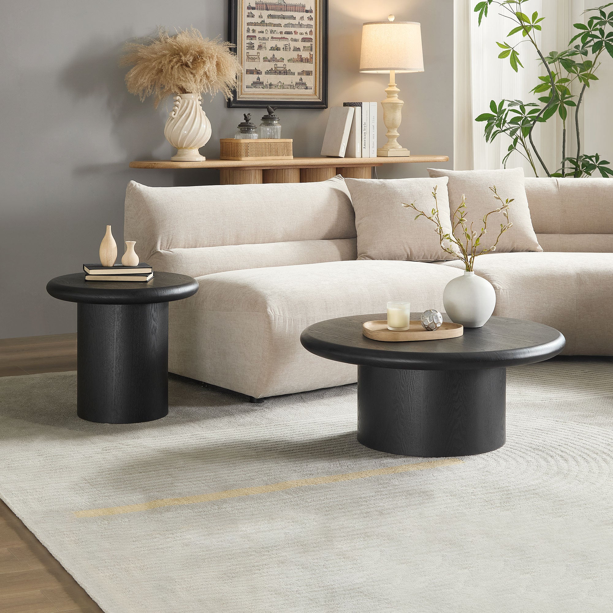 Modern Round Coffee Table Set for Living Room | Easy Assembly Nesting Tables – 2-Piece Stackable Coffee & End Side Tables (Walnut/Black)