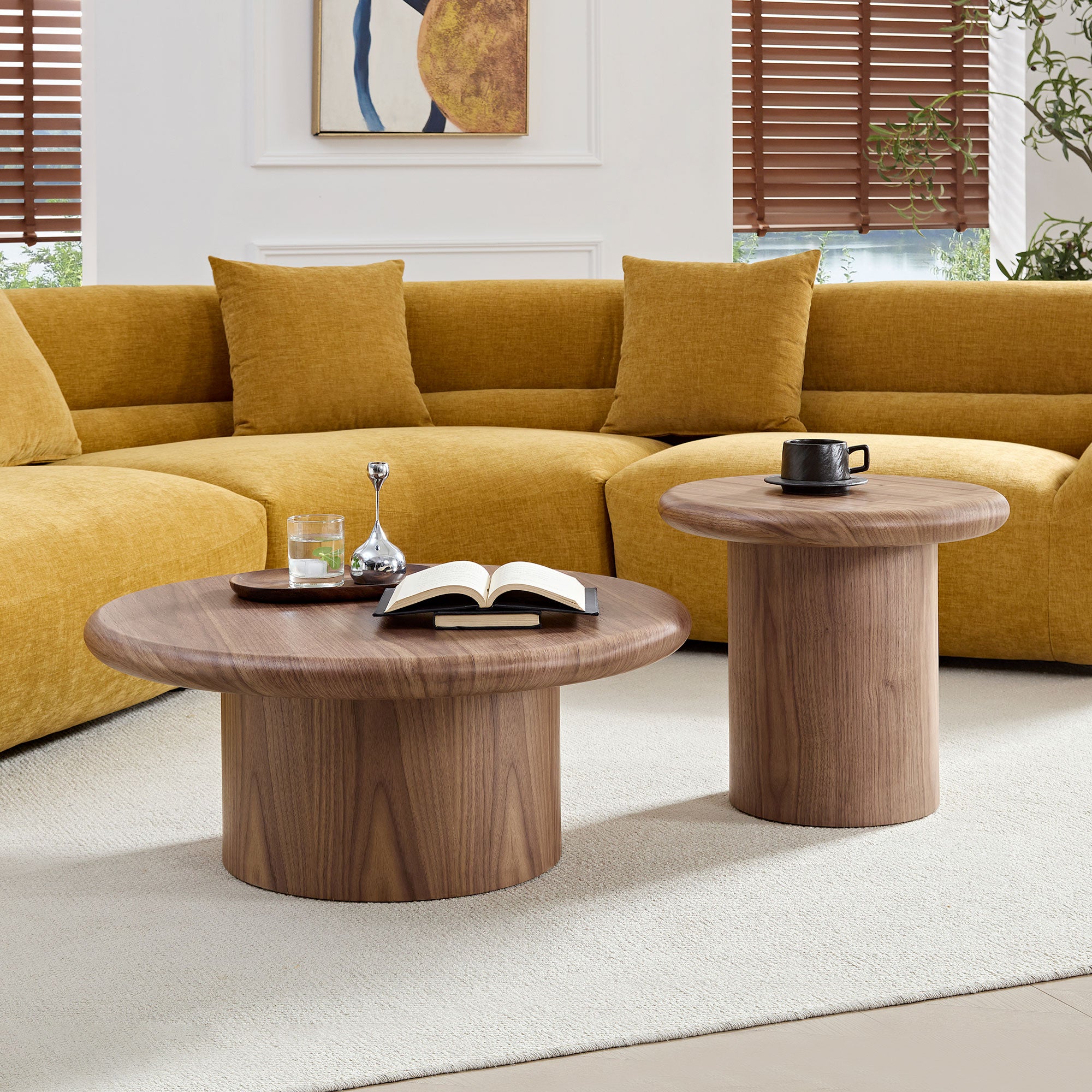 Modern Round Coffee Table Set for Living Room | Easy Assembly Nesting Tables – 2-Piece Stackable Coffee & End Side Tables (Walnut/Black)