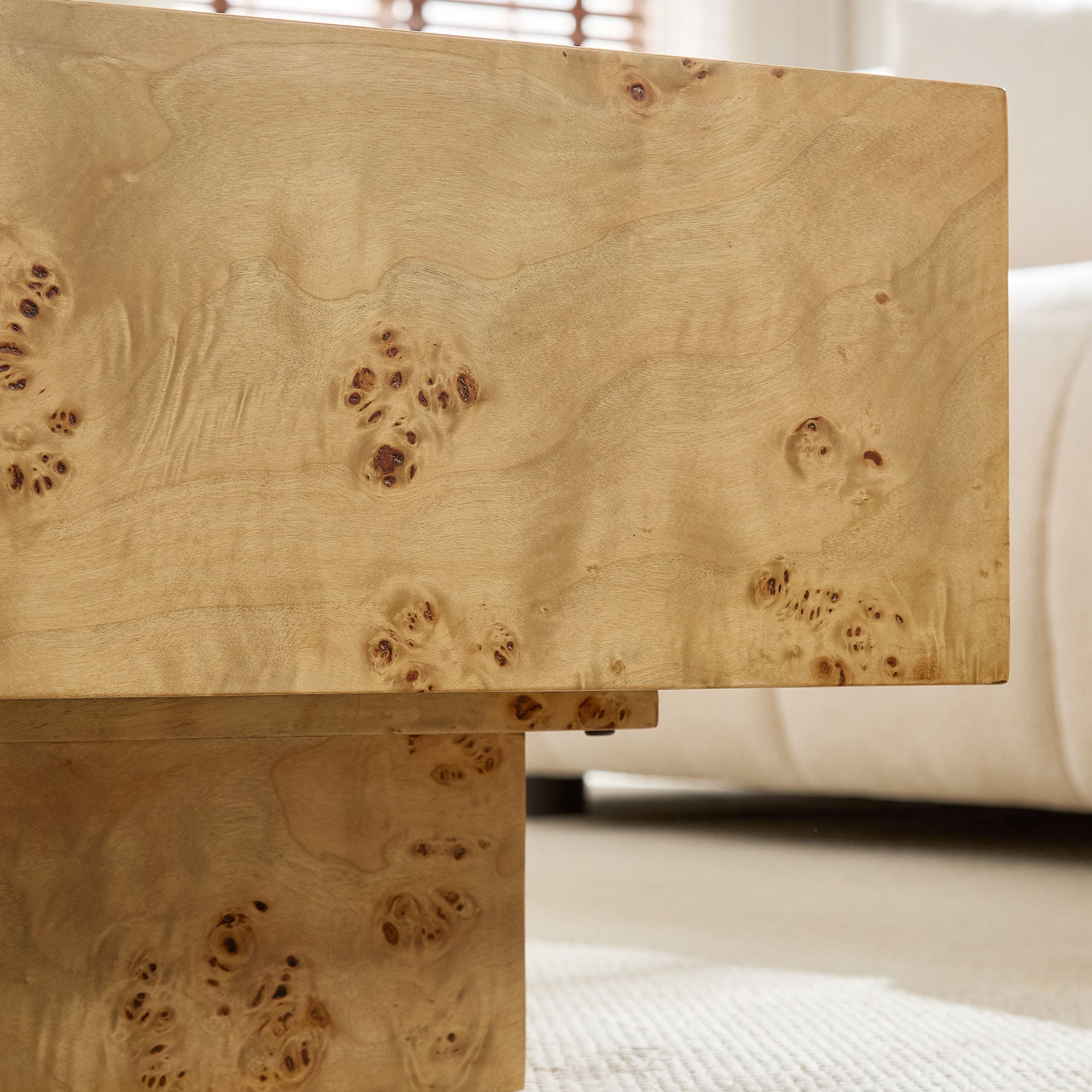 Wood Veneer Coffee Table | Rectangle Mid-Century Modern Table with Sturdy MDF Pedestal – 43.3" Burl Veneer for Living Room