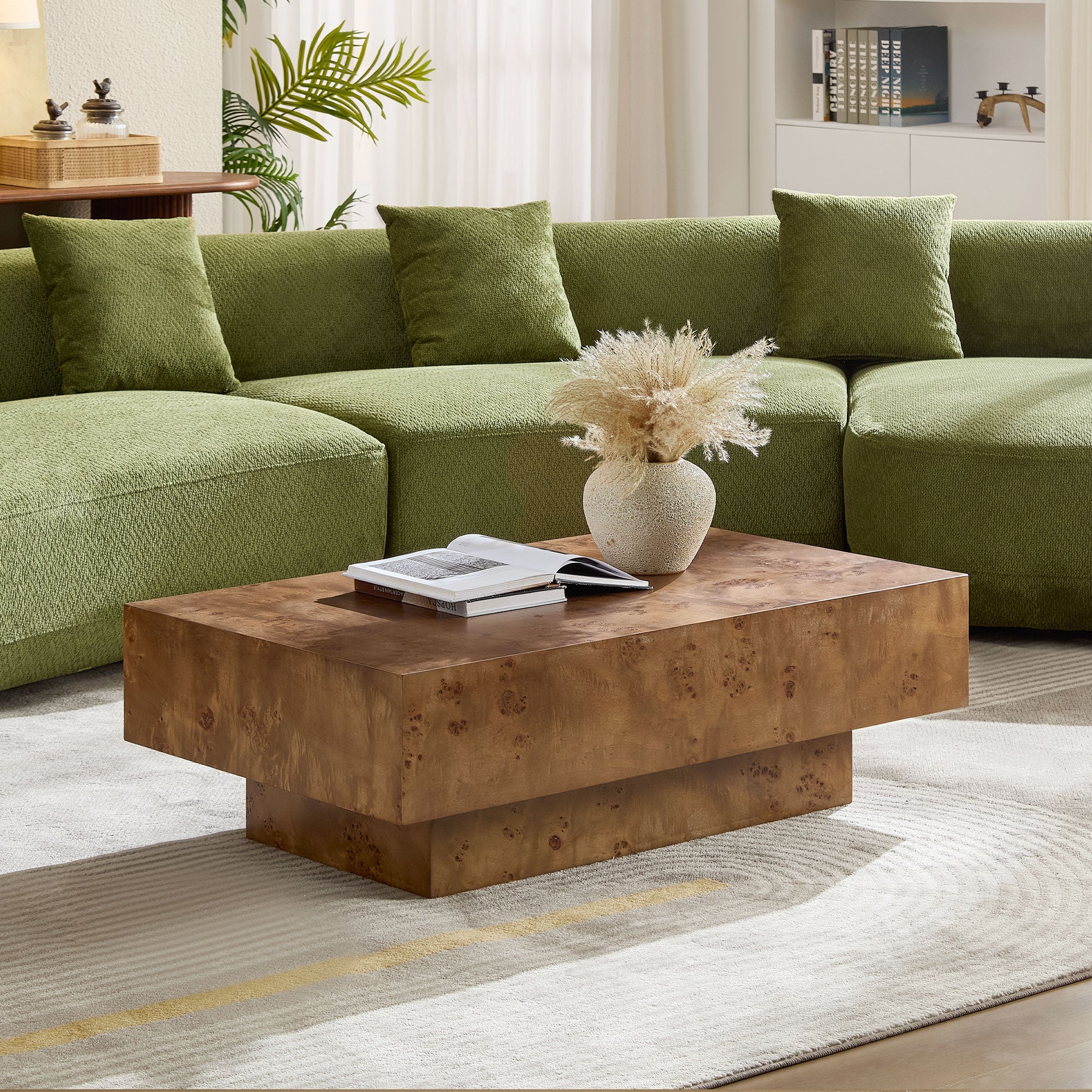 Wood Veneer Coffee Table | Rectangle Mid-Century Modern Table with Sturdy MDF Pedestal – 43.3" Burl Veneer for Living Room