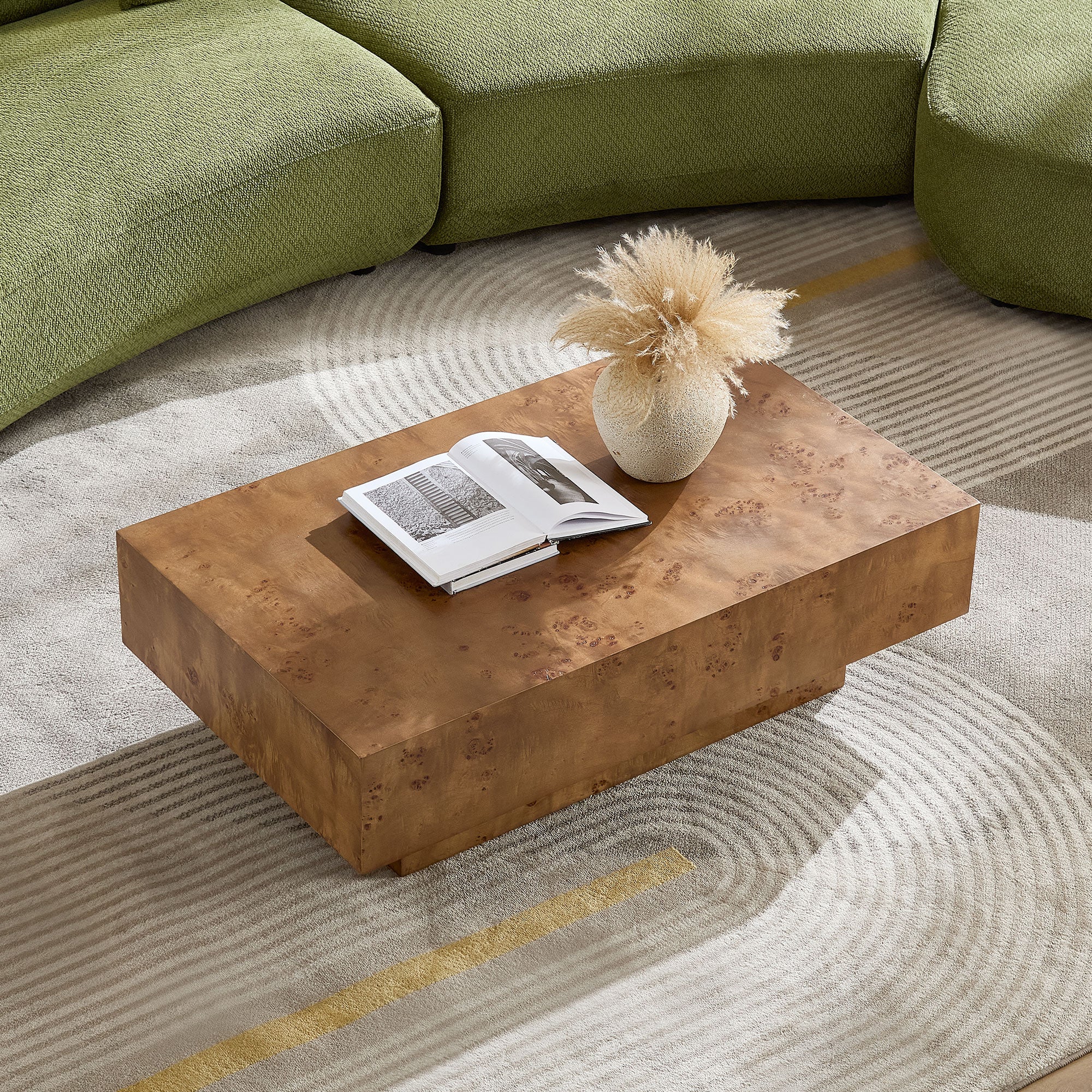 Wood Veneer Coffee Table | Rectangle Mid-Century Modern Table with Sturdy MDF Pedestal – 43.3" Burl Veneer for Living Room