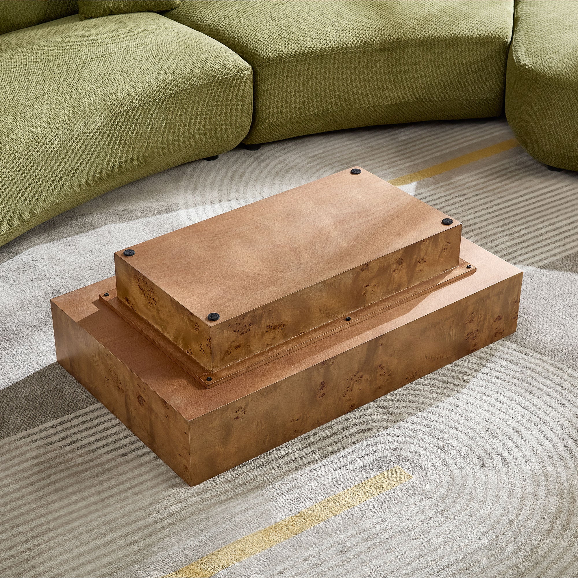 Wood Veneer Coffee Table | Rectangle Mid-Century Modern Table with Sturdy MDF Pedestal – 43.3" Burl Veneer for Living Room