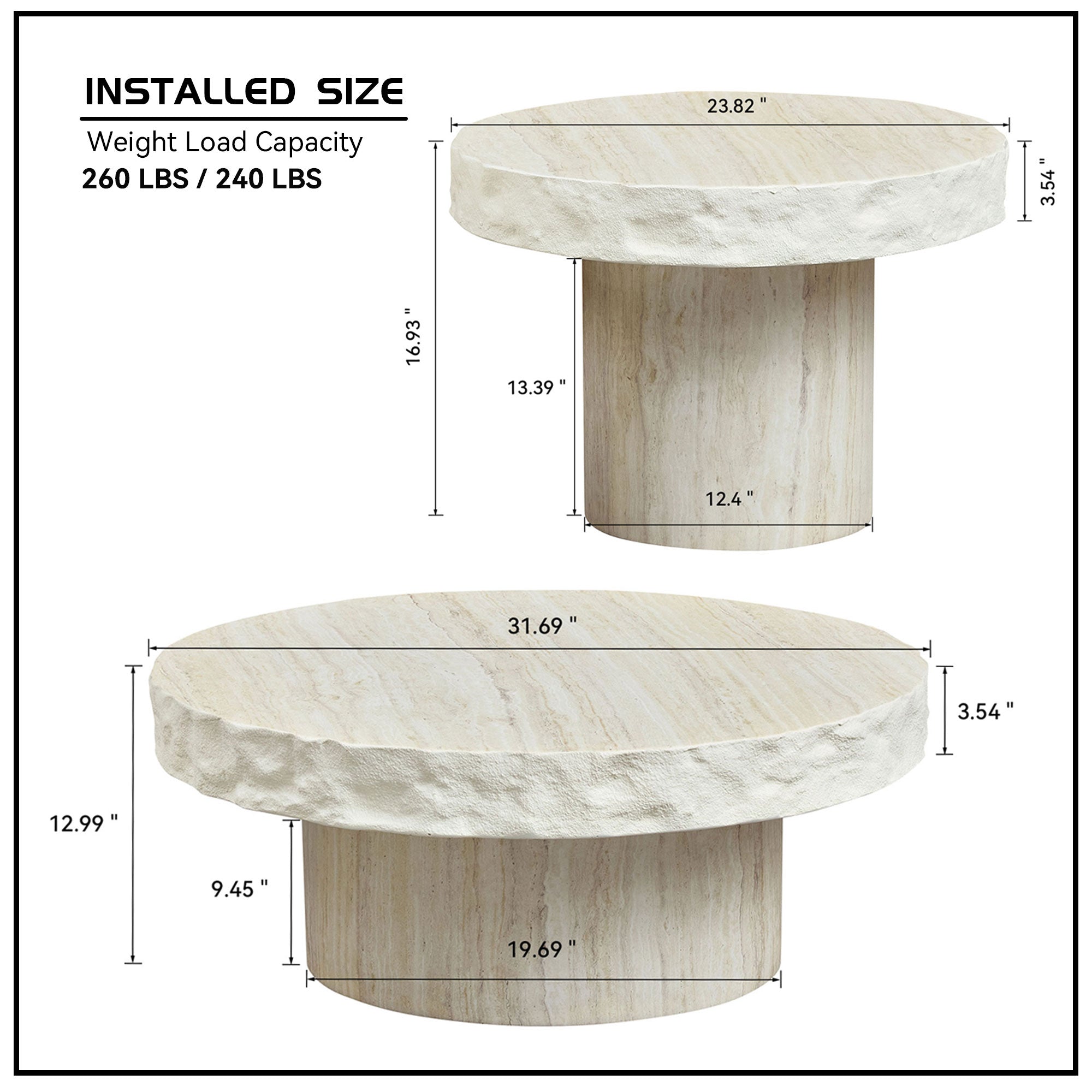 Set of 2 Faux MARS Textural Patterns Coffee Tables | No Assembly Needed – Fiberglass Round Tables for Living Room (Beige)