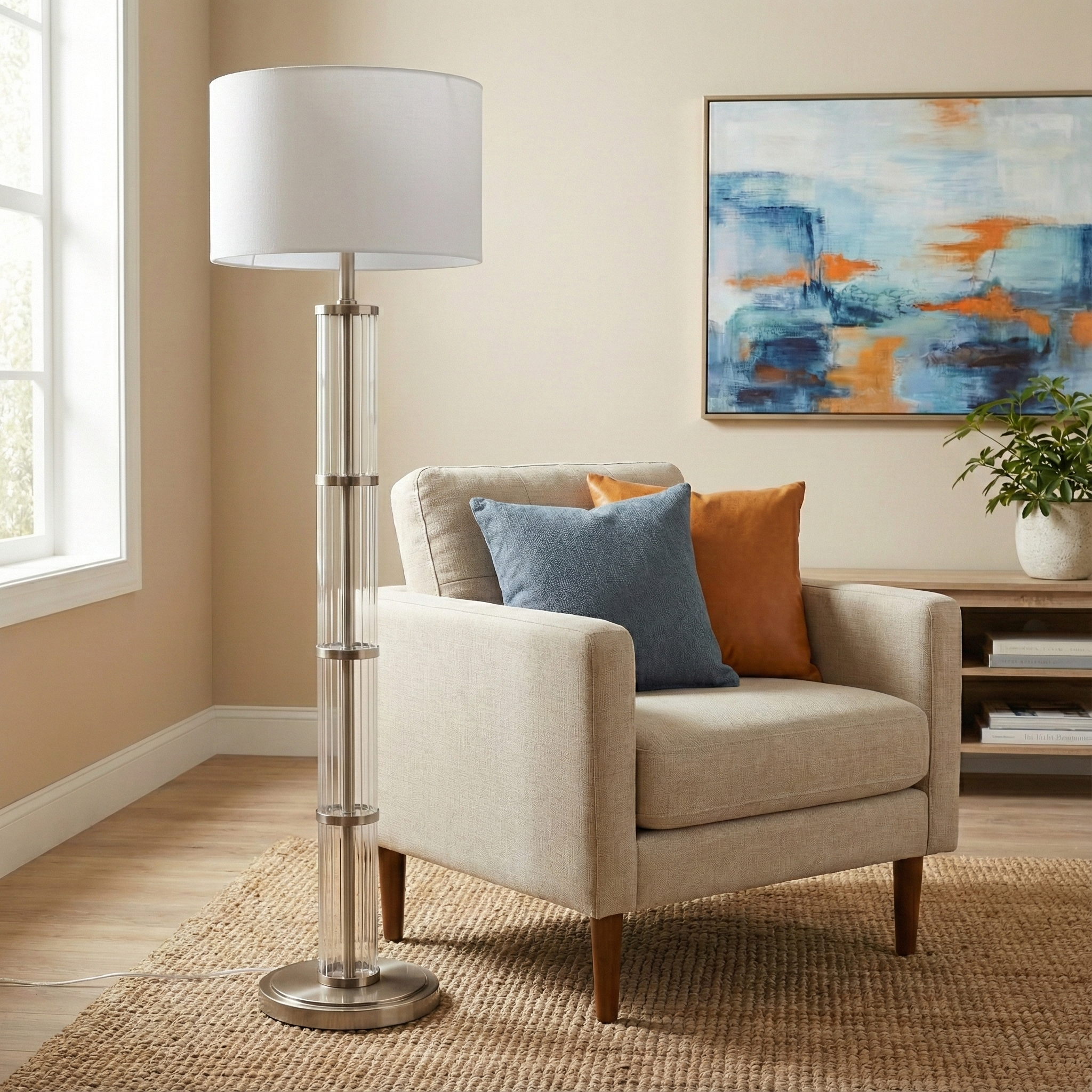 Brushed Nickel Floor Lamp | 63" Tall with 3-Way Rotary Switch, Clear Glass Body, Metal Base – White Drum Shade for Living Room