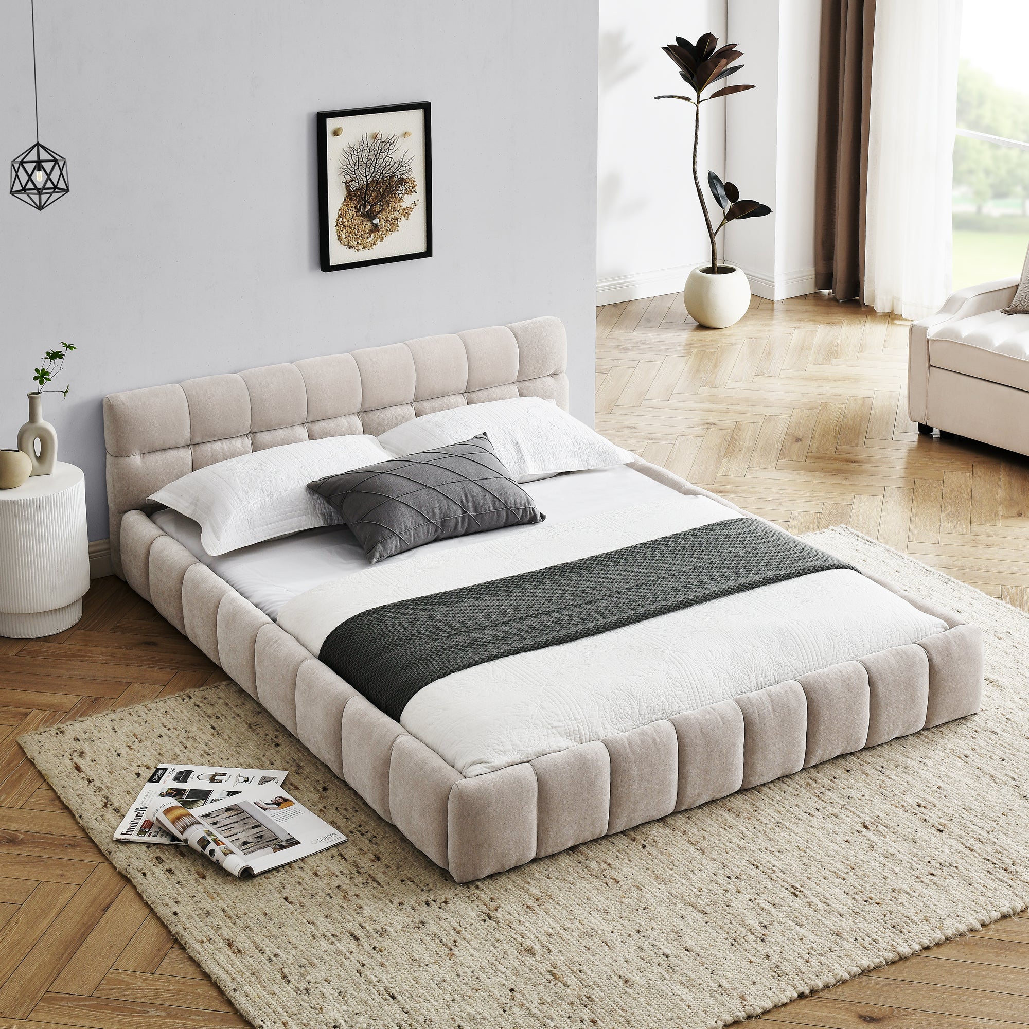 Queen Size Upholstered Bed Frame with Thick Fabric, Chenille Fabric Grounded Queen Size Platform Bed with Headboard and Solid Frame. No Box Spring Needed
