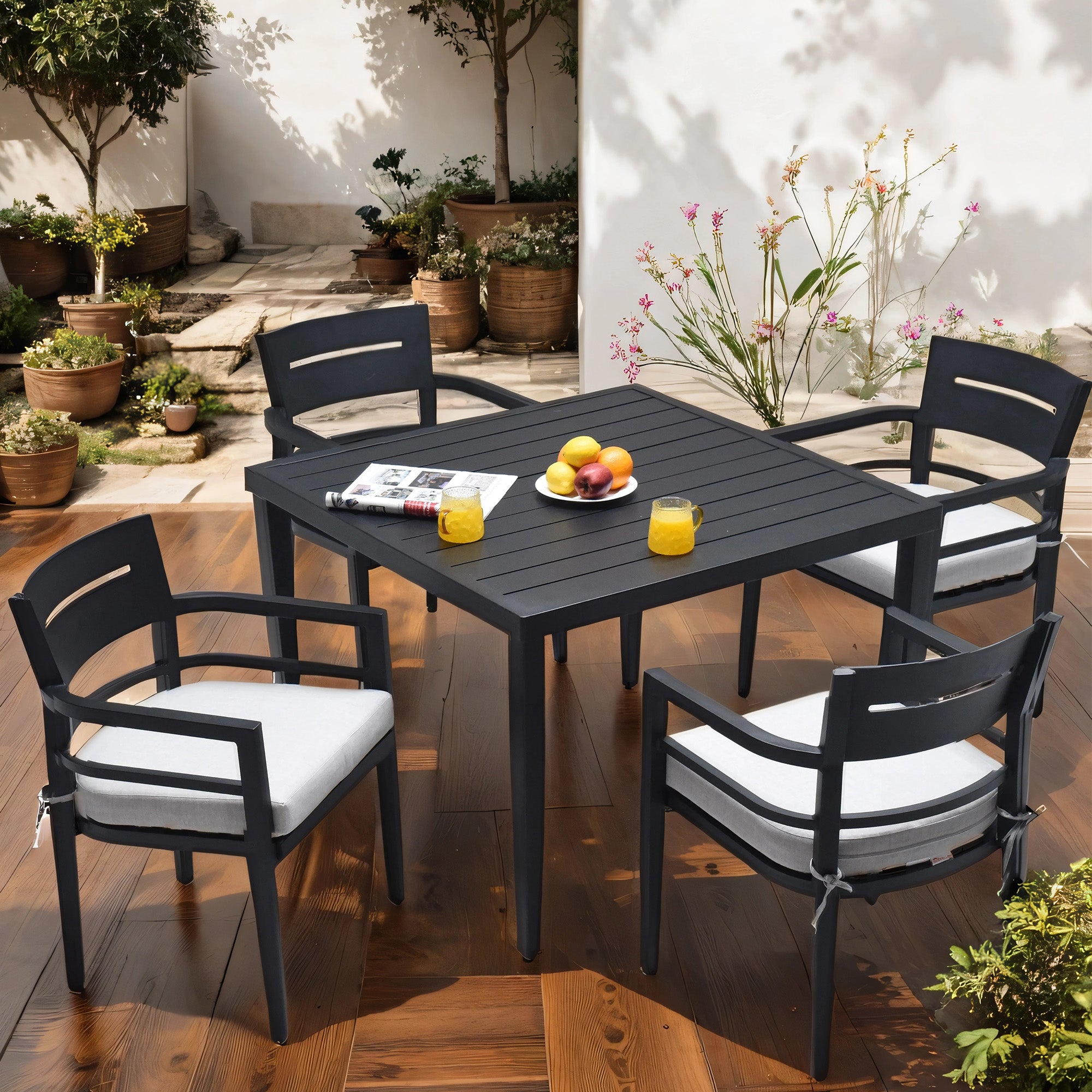 Outdoor Patio Aluminum Dining Set | 5-Piece – 40" Square Table w/ Umbrella Hole + 4 Chairs, Sunbrella Cushions, Modern Tapered Legs