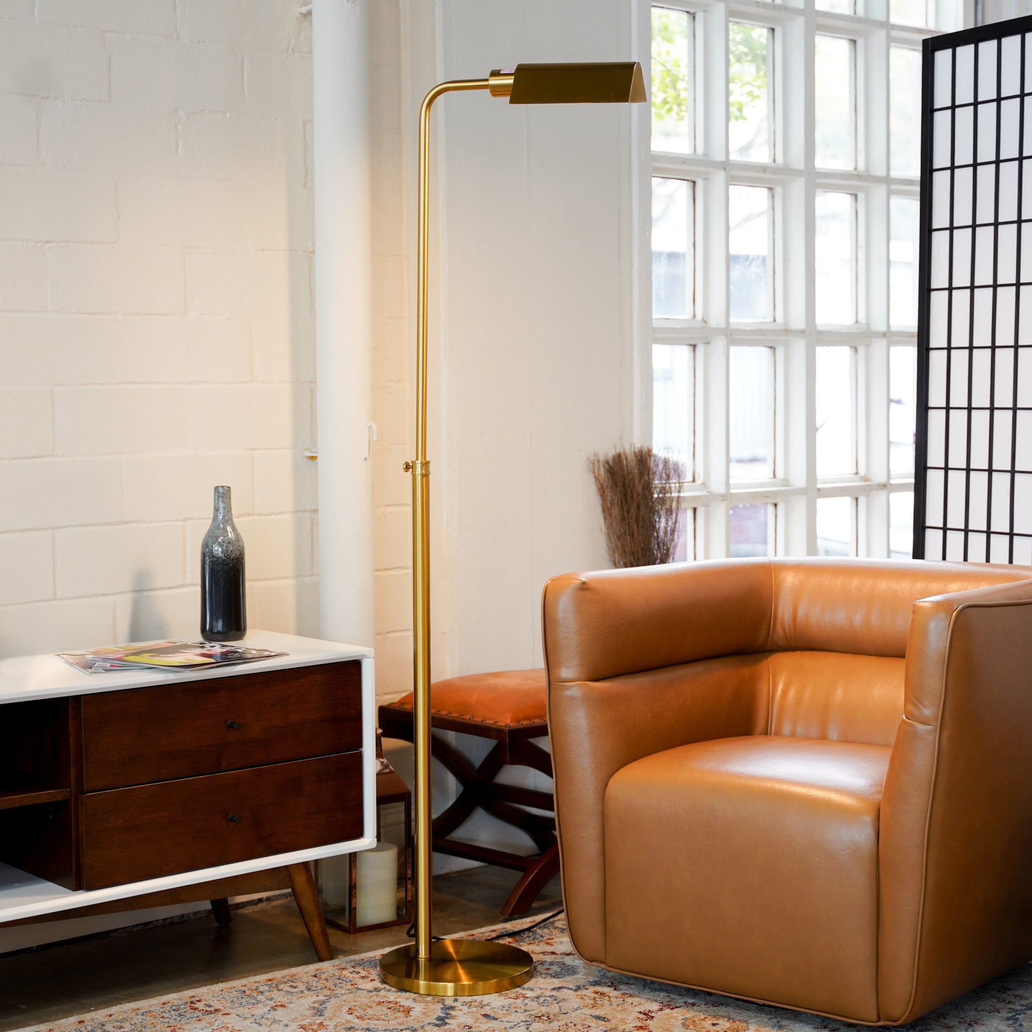 Slim Standing Light with Neutral Shade | 65" Tall Floor Lamp – Gold Outer / White Inner Shade, Foot Switch, Modern/Industrial