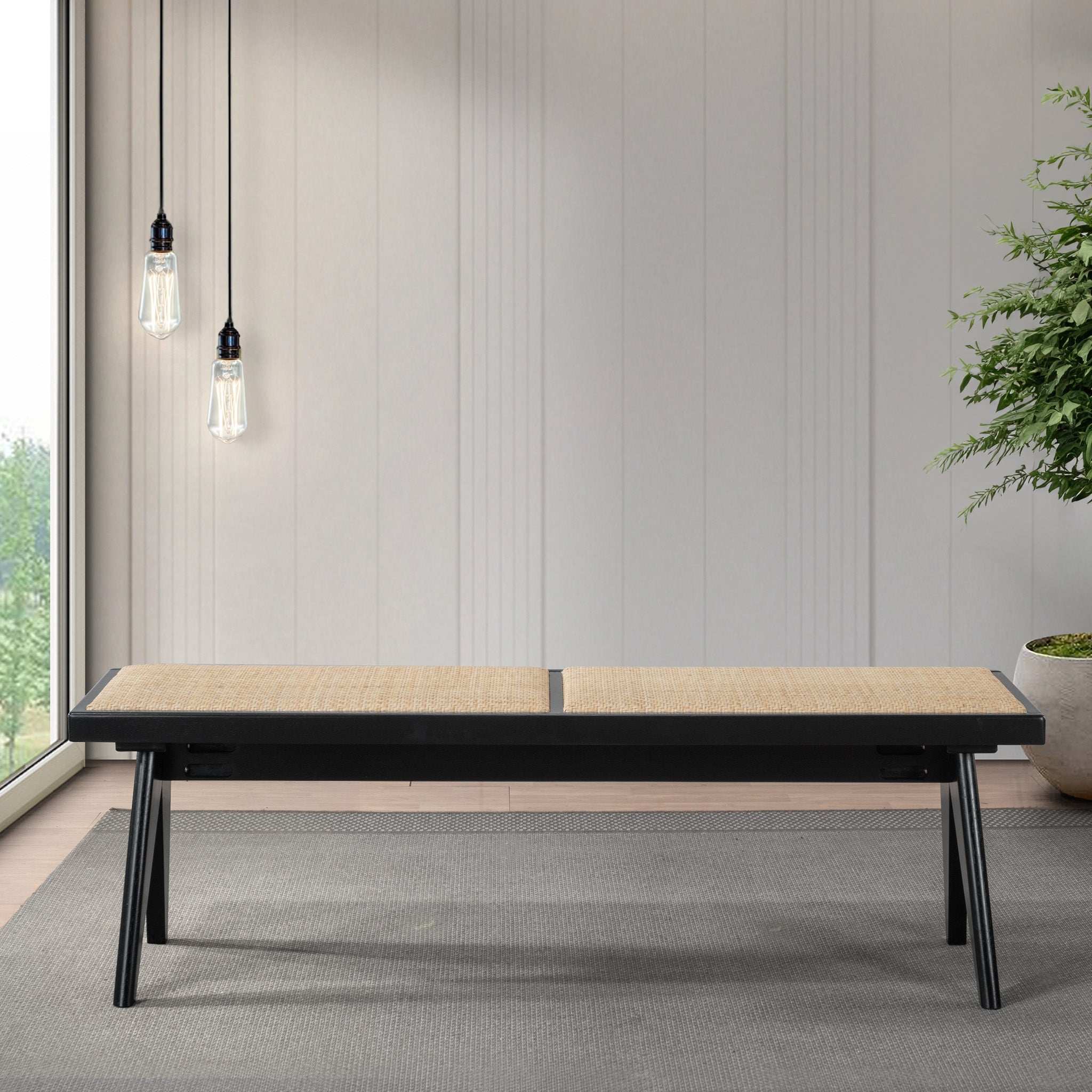 Natural Rattan Upholstered Bench | Black Solid Wood Legs – Mid-Century Modern Entryway/Bedroom/Living Room Bench