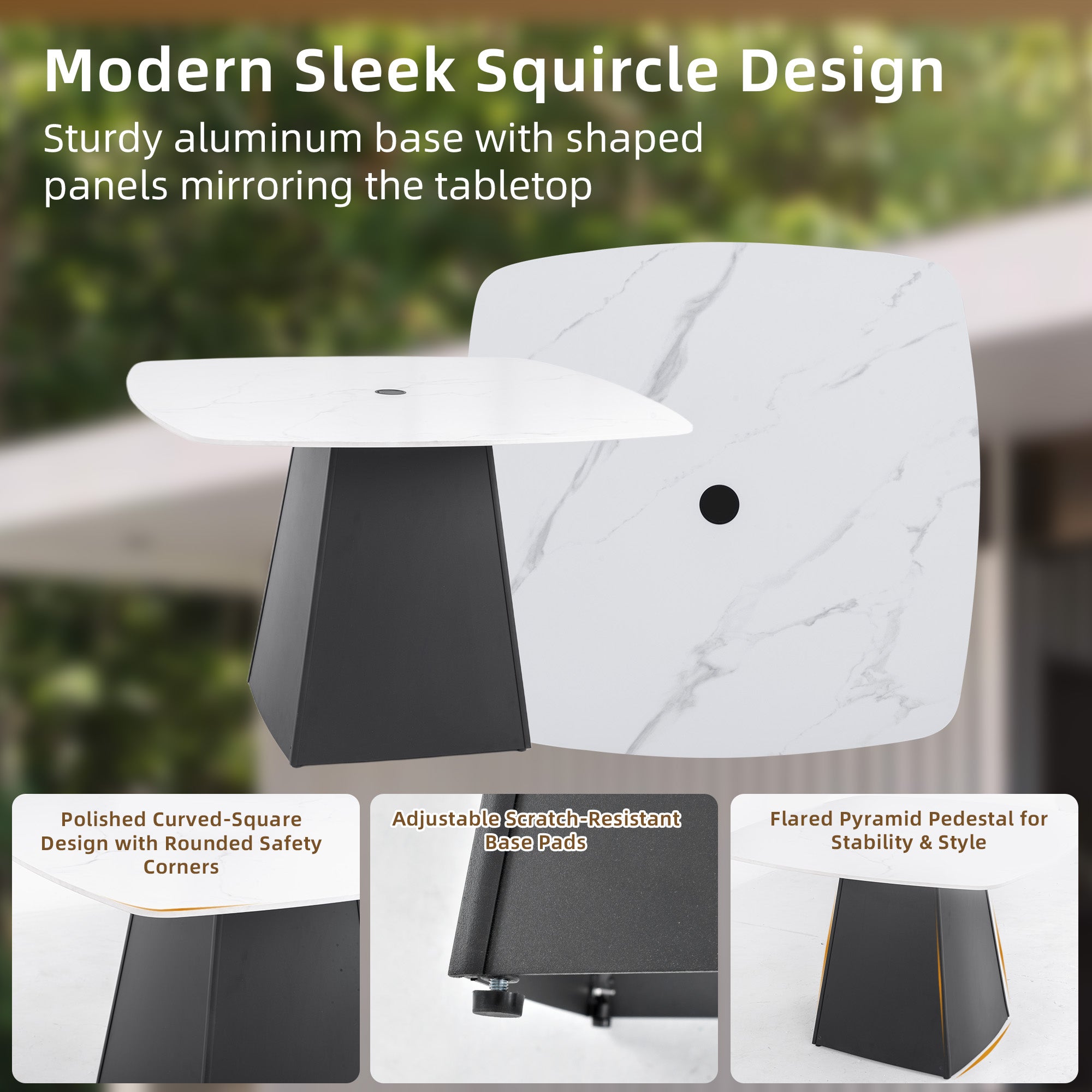 Outdoor Pedestal Dining Set | 44" Rounded Square Sintered Stone Table + 4 Armchairs – Sunbrella Cushions, Rust-Free Aluminum, Weather-Resistant