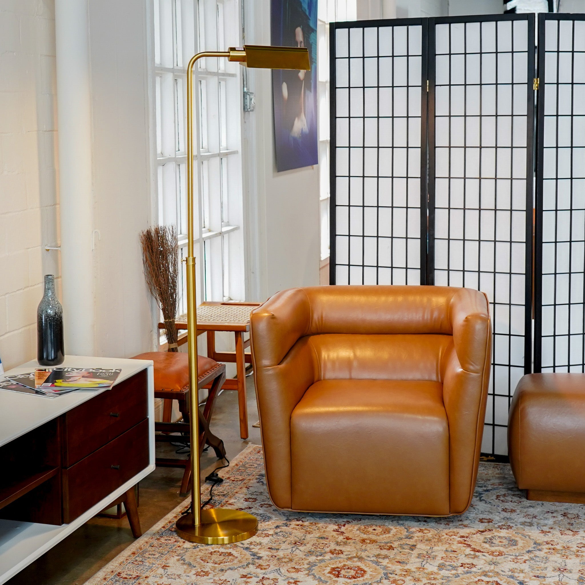 Slim Standing Light with Neutral Shade | 65" Tall Floor Lamp – Gold Outer / White Inner Shade, Foot Switch, Modern/Industrial