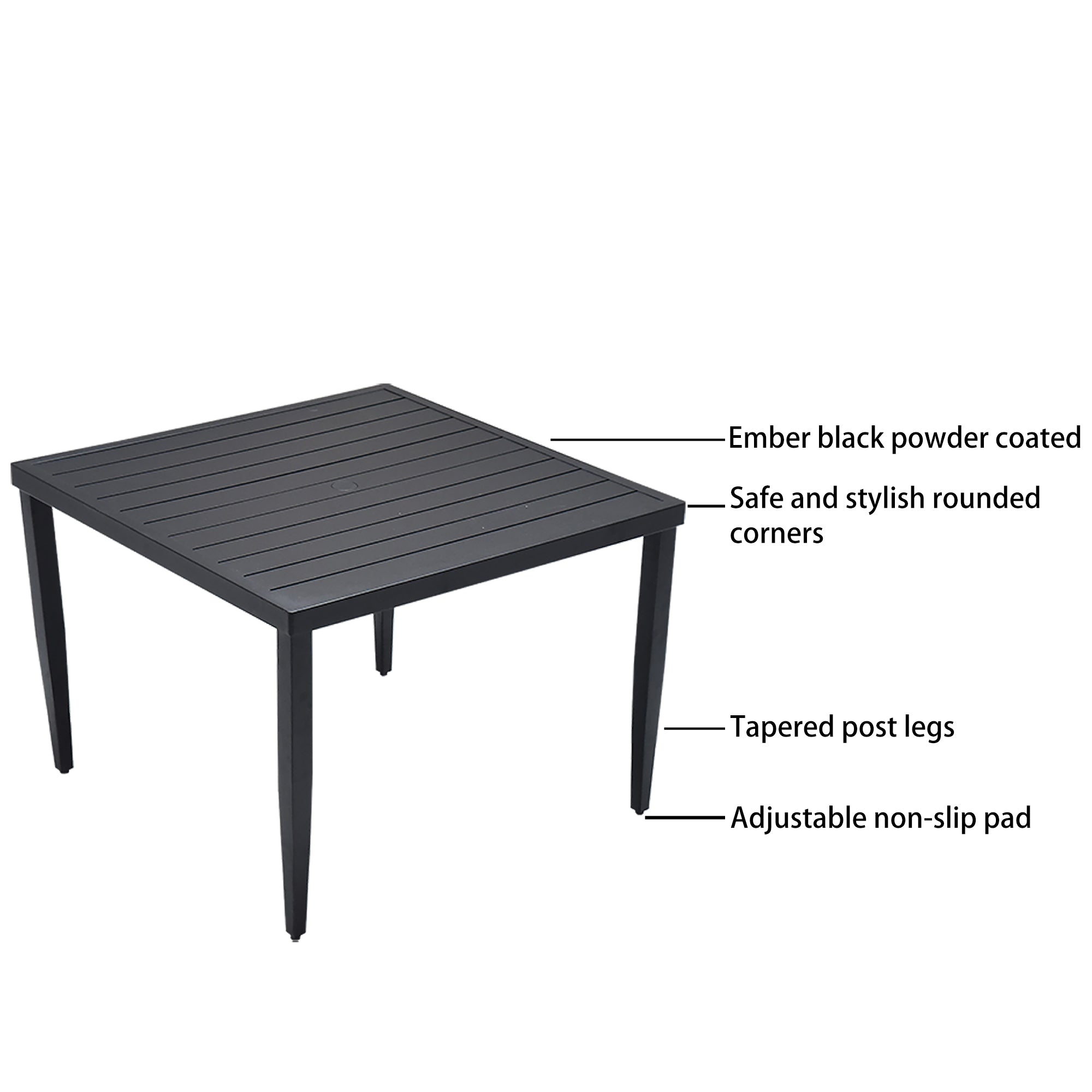 Outdoor Patio Aluminum Dining Set | 5-Piece – 40" Square Table w/ Umbrella Hole + 4 Chairs, Sunbrella Cushions, Modern Tapered Legs