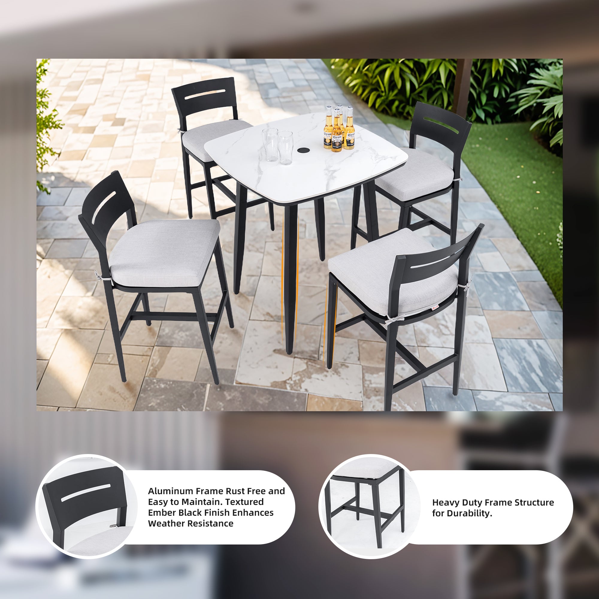 Outdoor Bar Stools | Aluminum Patio Bar Chair โ Ergonomic Backrest, Tapered Legs, Footrest, Ember Black, Sunbrella Cushion, Weather-Resistant