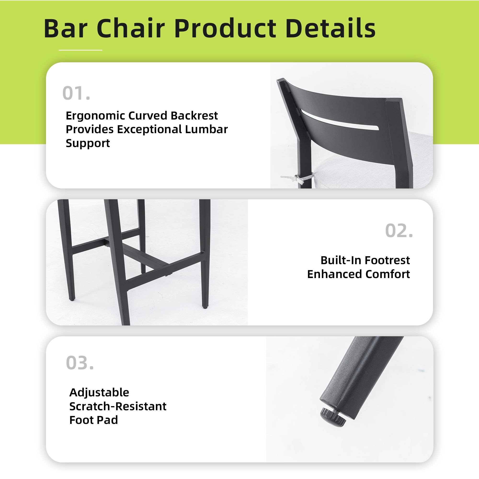 Outdoor Bar Stools | Aluminum Patio Bar Chair โ Ergonomic Backrest, Tapered Legs, Footrest, Ember Black, Sunbrella Cushion, Weather-Resistant