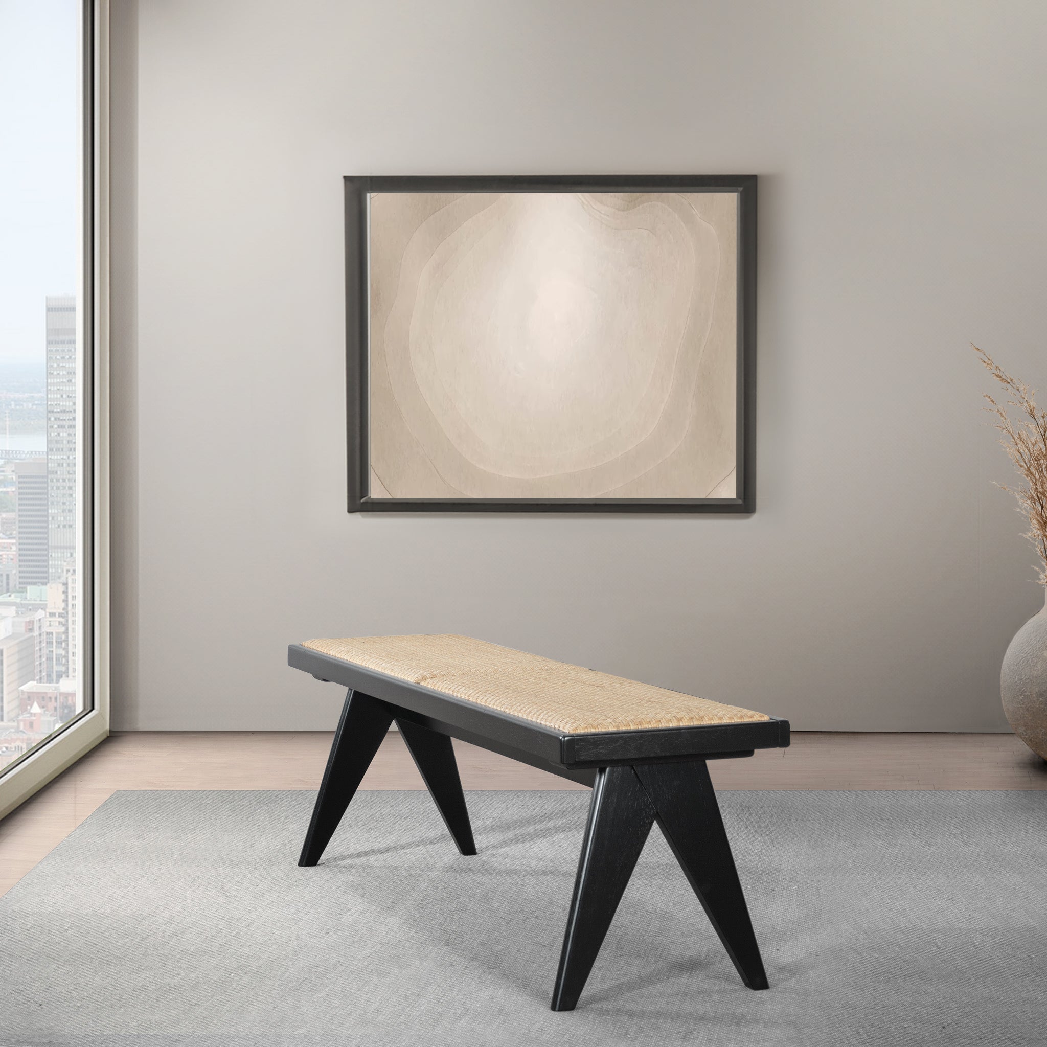 Natural Rattan Upholstered Bench | Black Solid Wood Legs – Mid-Century Modern Entryway/Bedroom/Living Room Bench