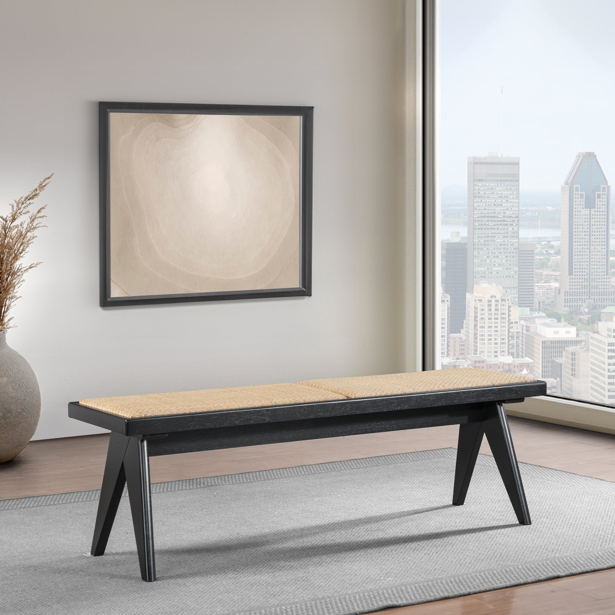 Natural Rattan Upholstered Bench | Black Solid Wood Legs – Mid-Century Modern Entryway/Bedroom/Living Room Bench
