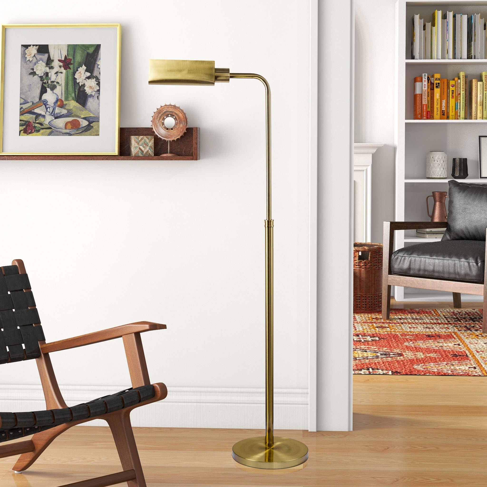 Slim Standing Light with Neutral Shade | 65" Tall Floor Lamp – Gold Outer / White Inner Shade, Foot Switch, Modern/Industrial