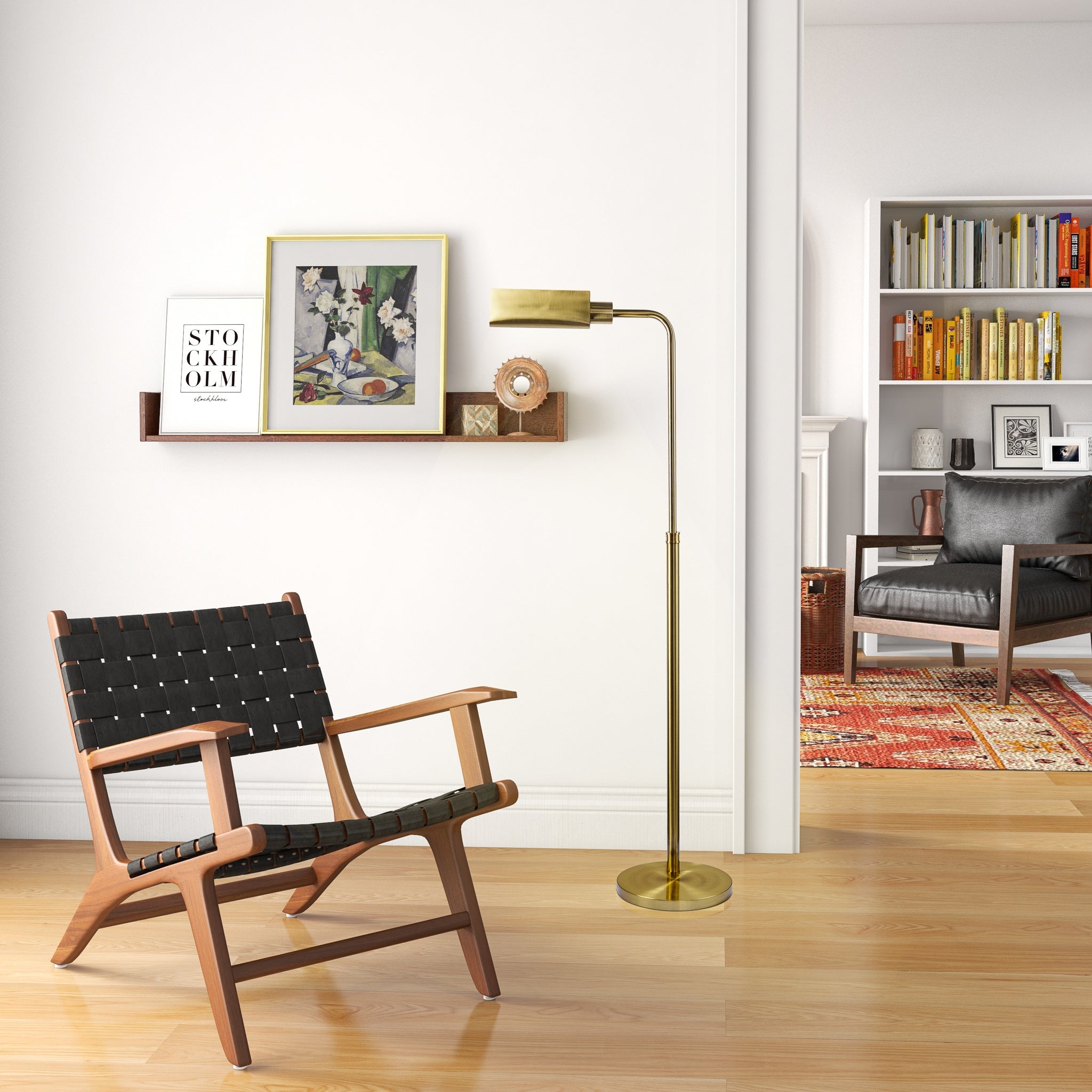Slim Standing Light with Neutral Shade | 65" Tall Floor Lamp – Gold Outer / White Inner Shade, Foot Switch, Modern/Industrial