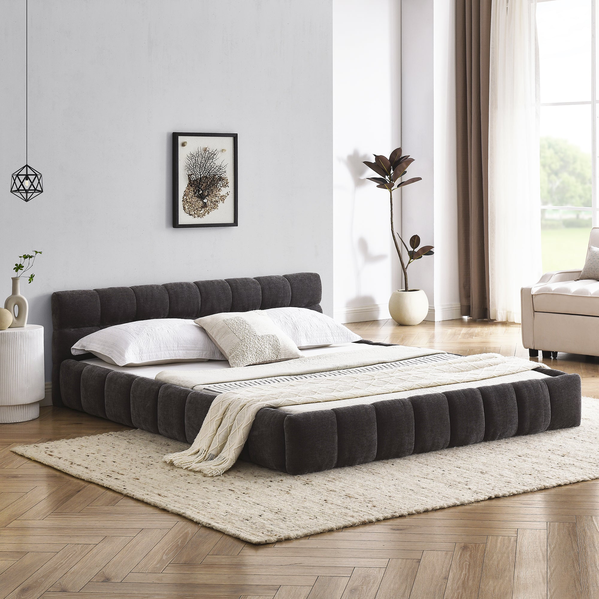 Queen Size Upholstered Bed Frame with Thick Fabric, Chenille Fabric Grounded Queen Size Platform Bed with Headboard and Solid Frame. No Box Spring Needed