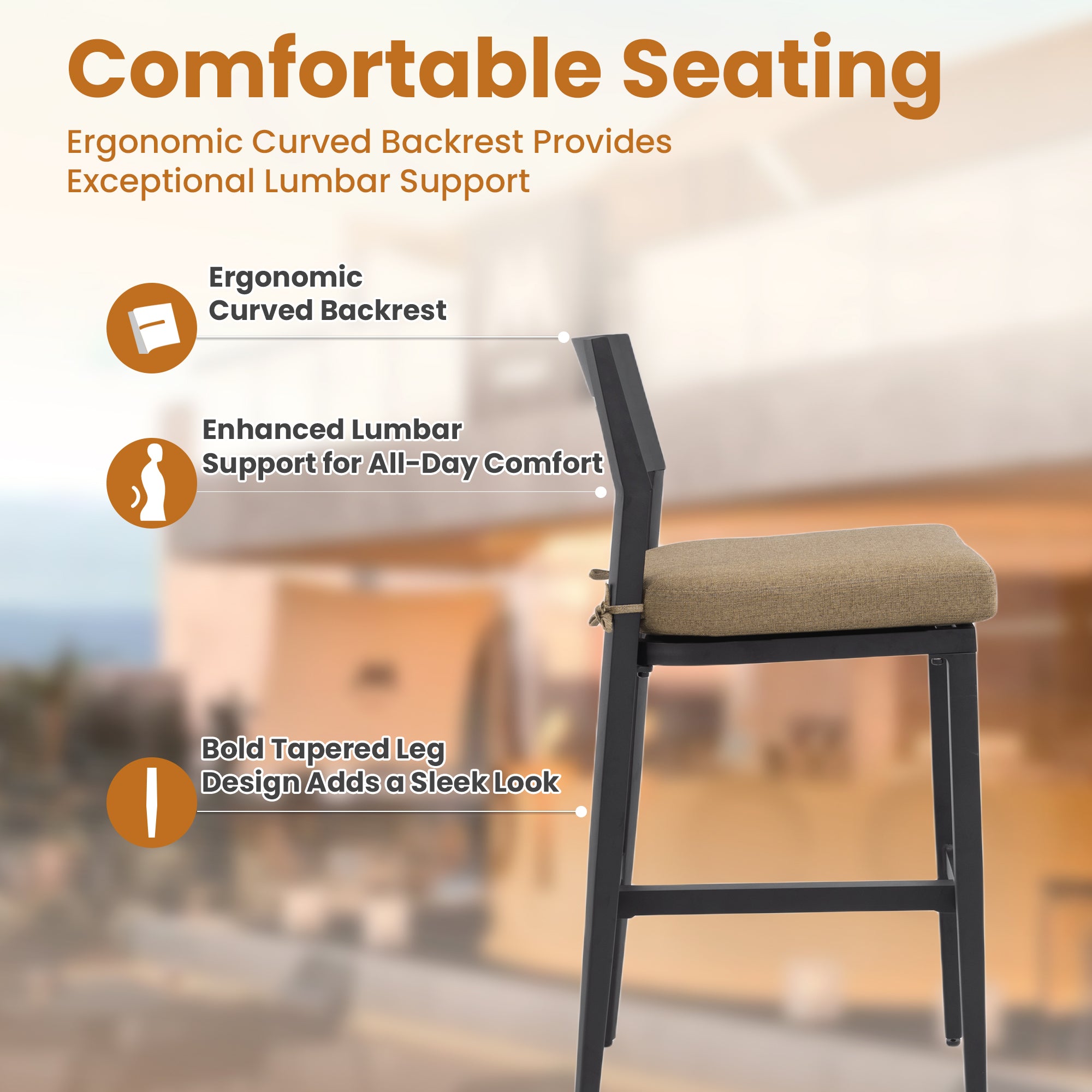 Outdoor Bar Stools | Aluminum Patio Bar Chair โ Ergonomic Backrest, Tapered Legs, Footrest, Ember Black, Sunbrella Cushion, Weather-Resistant