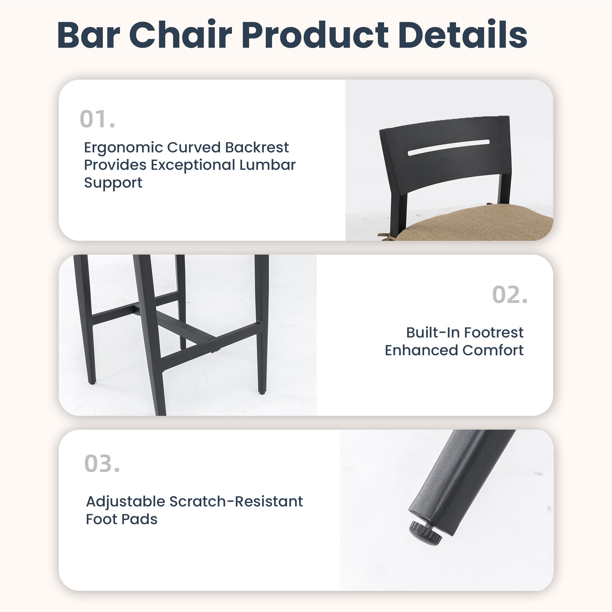 Outdoor Bar Stools | Aluminum Patio Bar Chair โ Ergonomic Backrest, Tapered Legs, Footrest, Ember Black, Sunbrella Cushion, Weather-Resistant