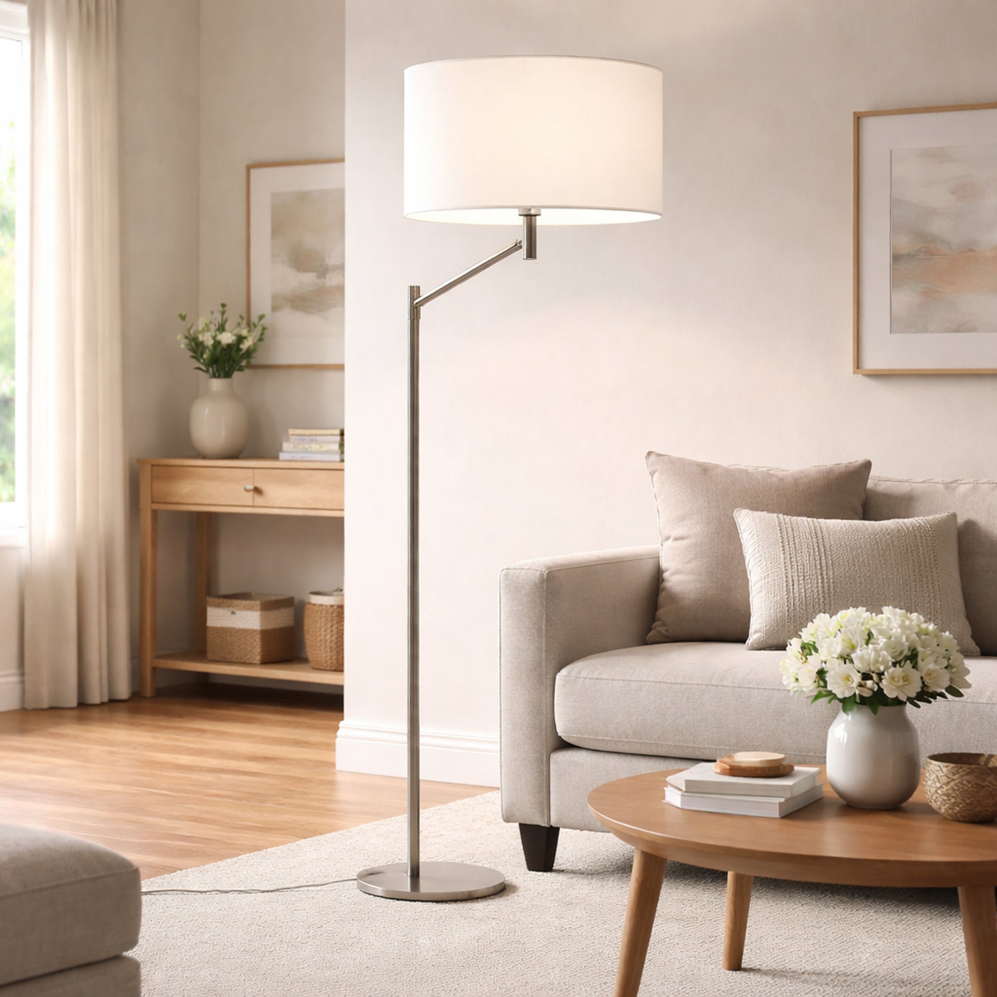 Brushed Nickel Table Lamp with On/Off Switch | Curved Metal Base, Linen Shade – 19" Tall for Bedroom, Living Room, Office