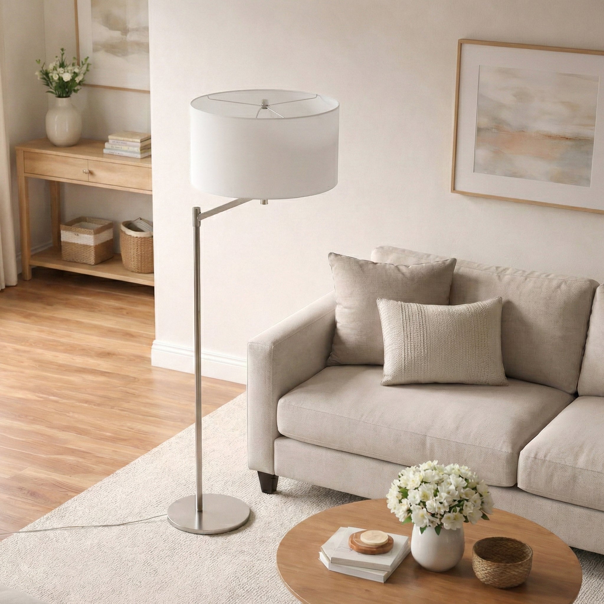 Brushed Nickel Table Lamp with On/Off Switch | Curved Metal Base, Linen Shade – 19" Tall for Bedroom, Living Room, Office