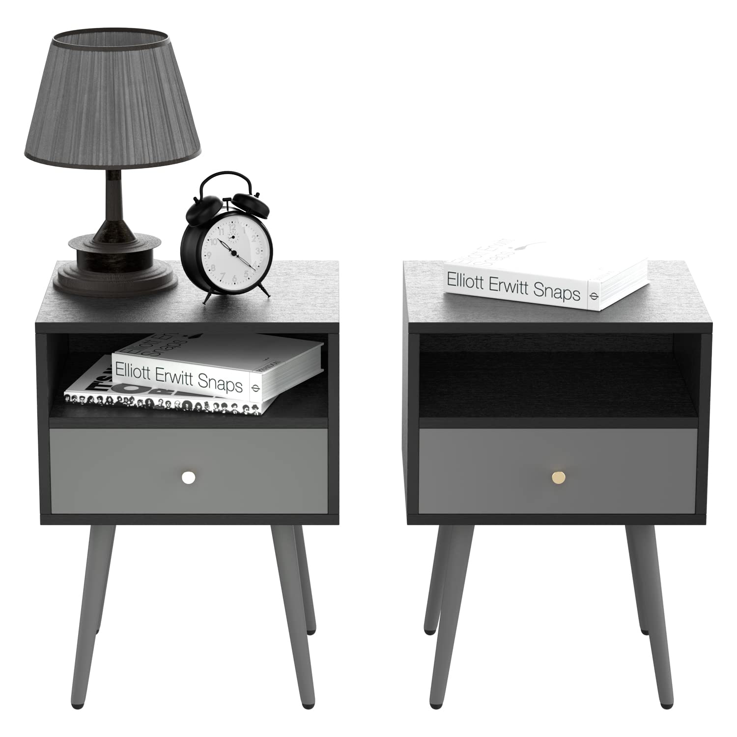 Black Nightstands with 2 Storage Drawers& Open Shelf