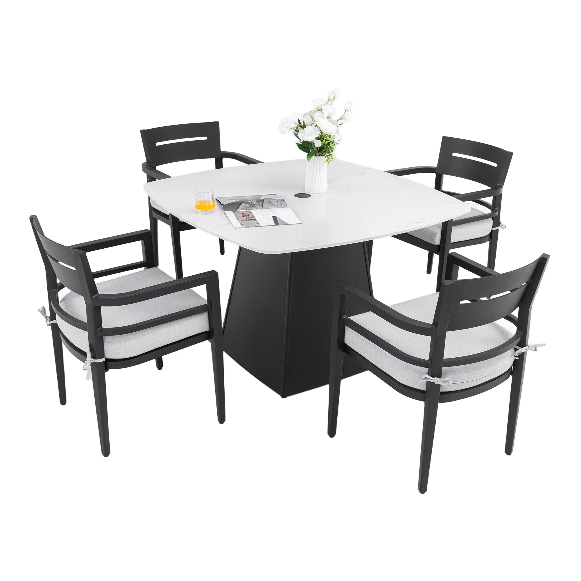 Outdoor Pedestal Dining Set | 44" Rounded Square Sintered Stone Table + 4 Armchairs – Sunbrella Cushions, Rust-Free Aluminum, Weather-Resistant