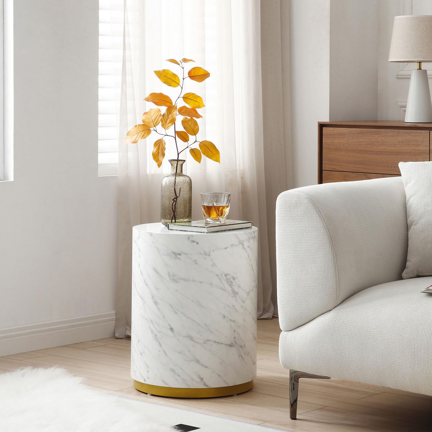 Wood End Table with Gold Rim Bottom & Marble Texture(White Marble Ø15.75*19.69)
