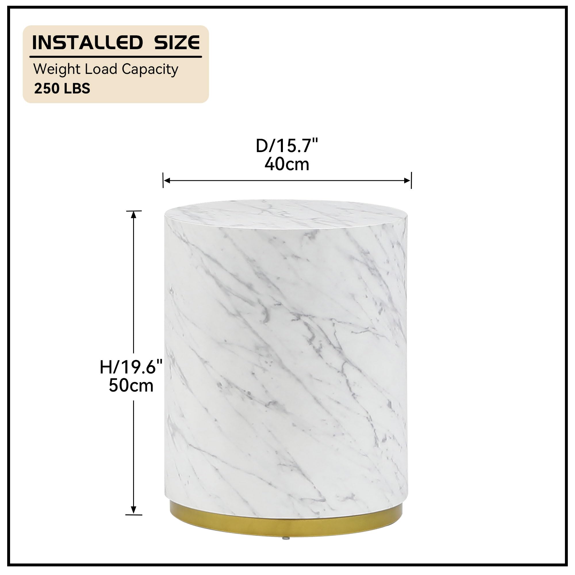 Wood End Table with Gold Rim Bottom & Marble Texture(White Marble Ø15.75*19.69)