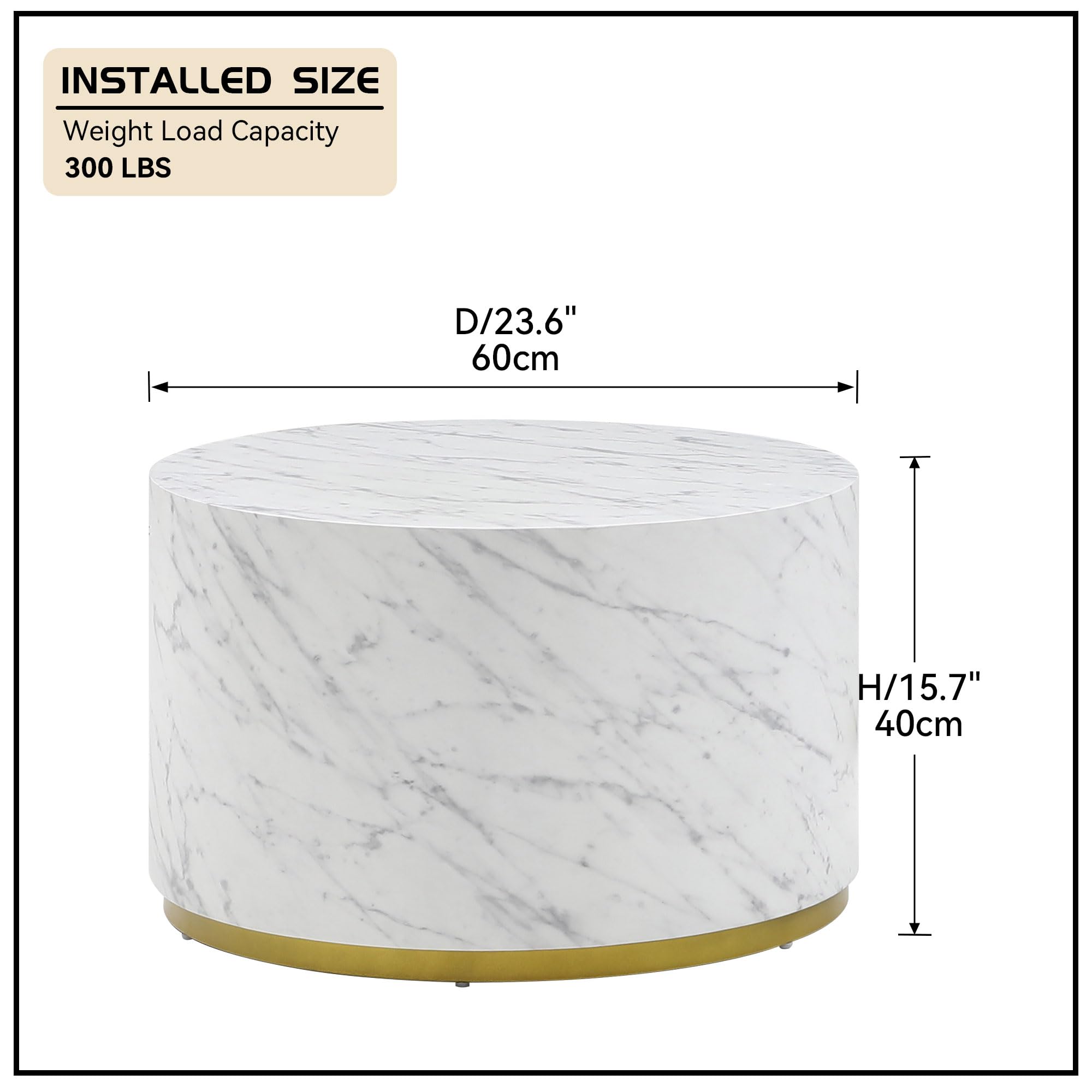 Round Small Wood Coffee Table with Gold Rim Bottom & Marble Texture(White Marble Ø23.62*15.75)