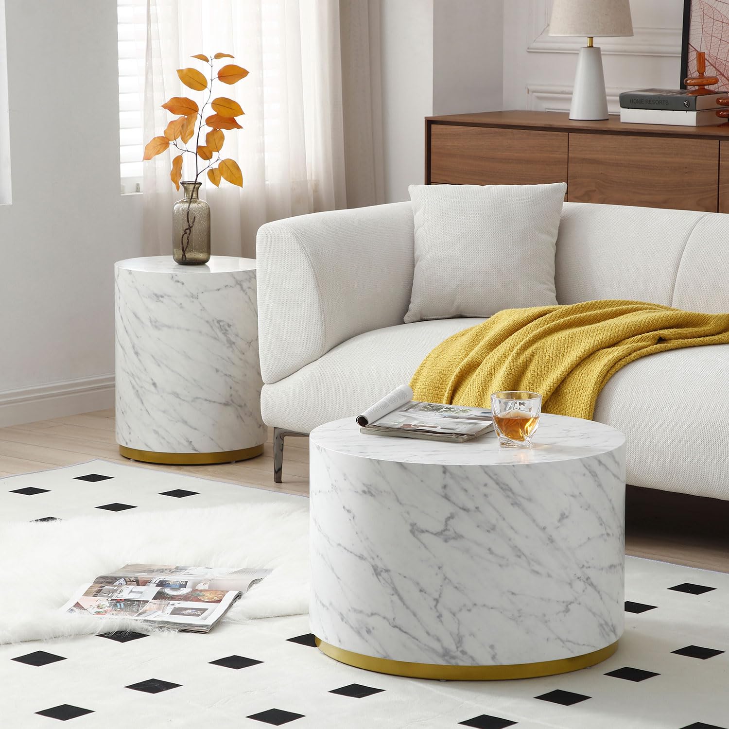 Round Small Wood Coffee Table with Gold Rim Bottom & Marble Texture(White Marble Ø23.62*15.75)